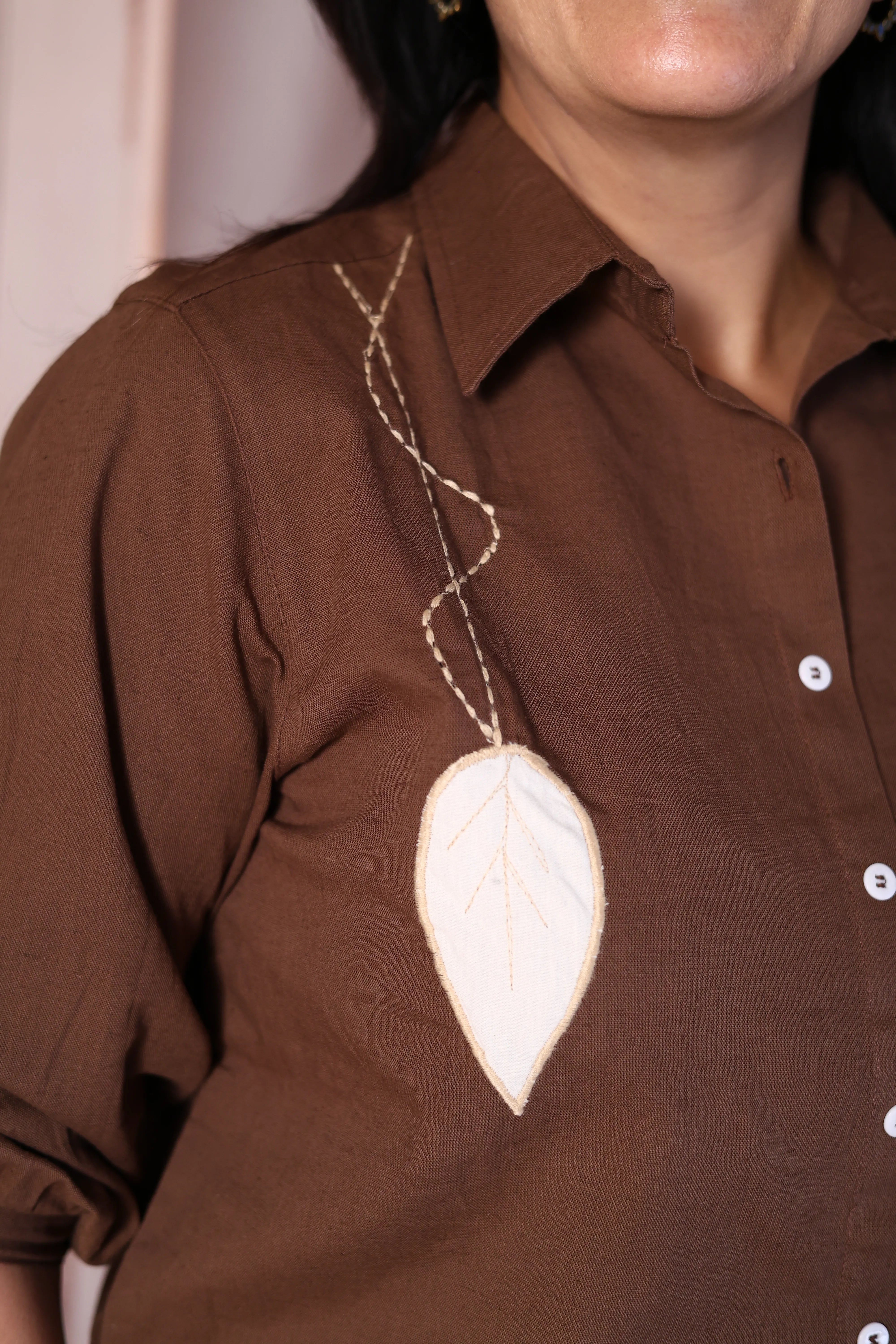 Brown Cotton Collared Shirt with Patchwork Thread Embroidery | Everyday Smart Wear