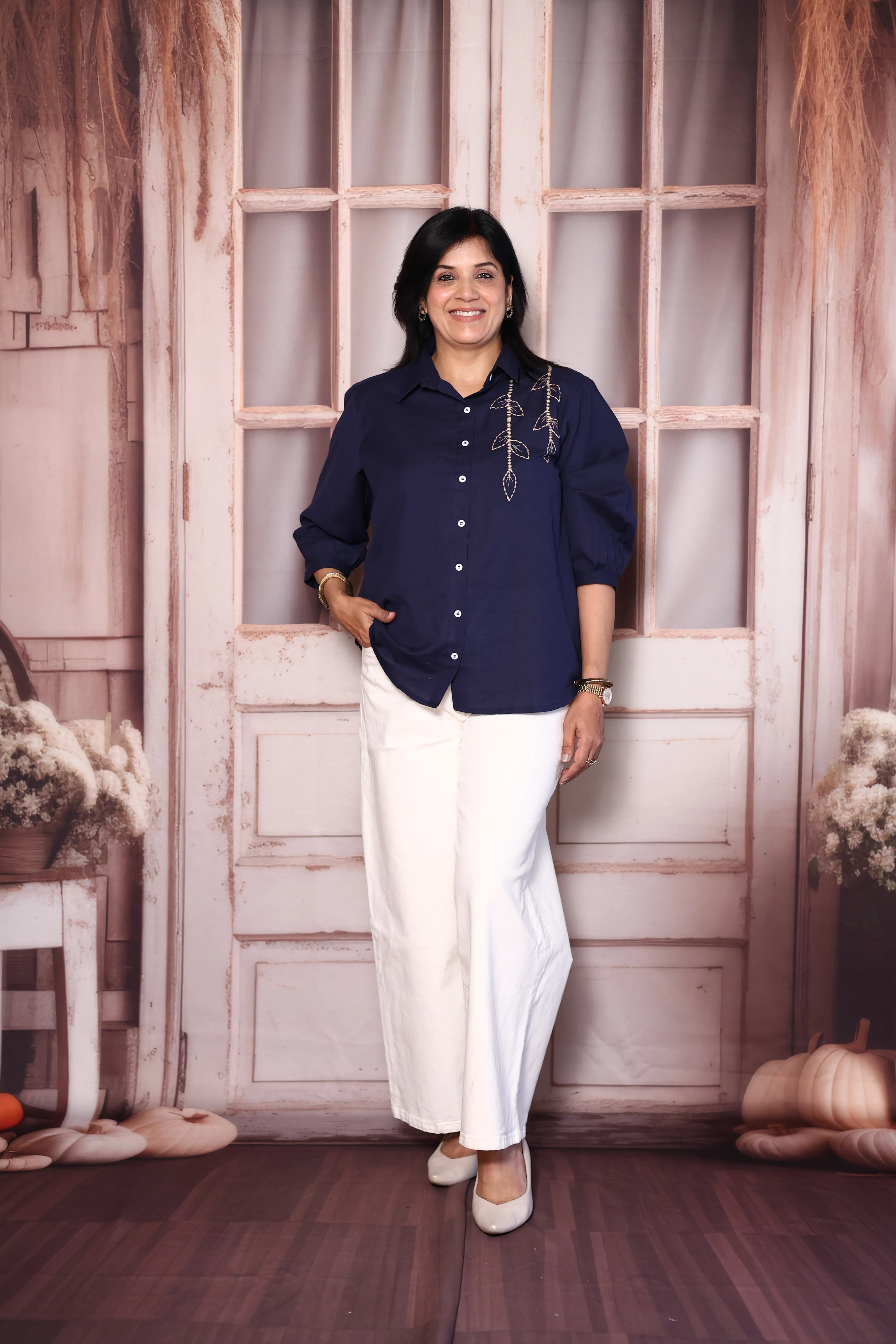 Navy Blue Cotton Collared Shirt with Thread Embroidery | Everyday Smart Wear