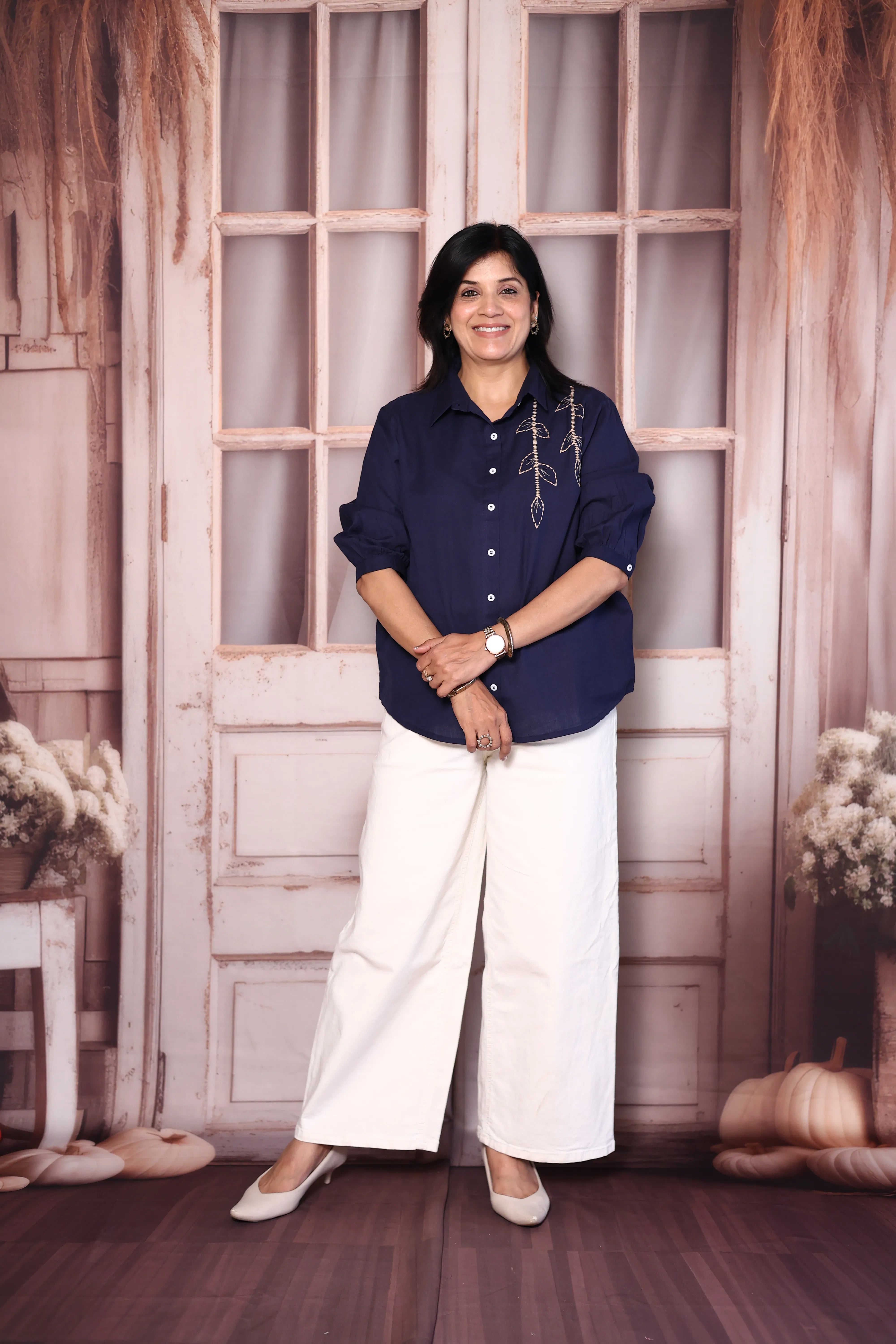 Navy Blue Cotton Collared Shirt with Thread Embroidery | Everyday Smart Wear