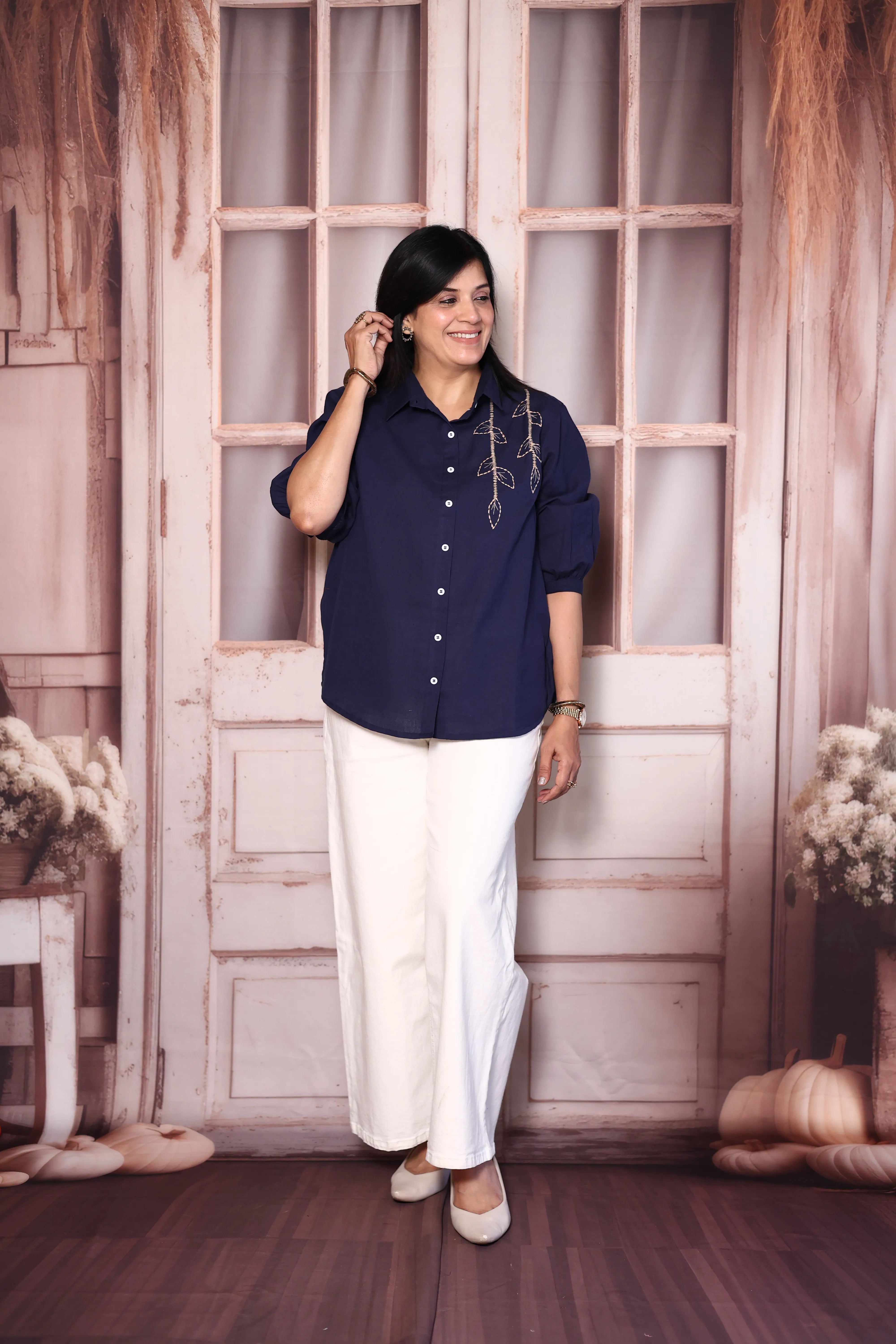 Navy Blue Cotton Collared Shirt with Thread Embroidery | Everyday Smart Wear