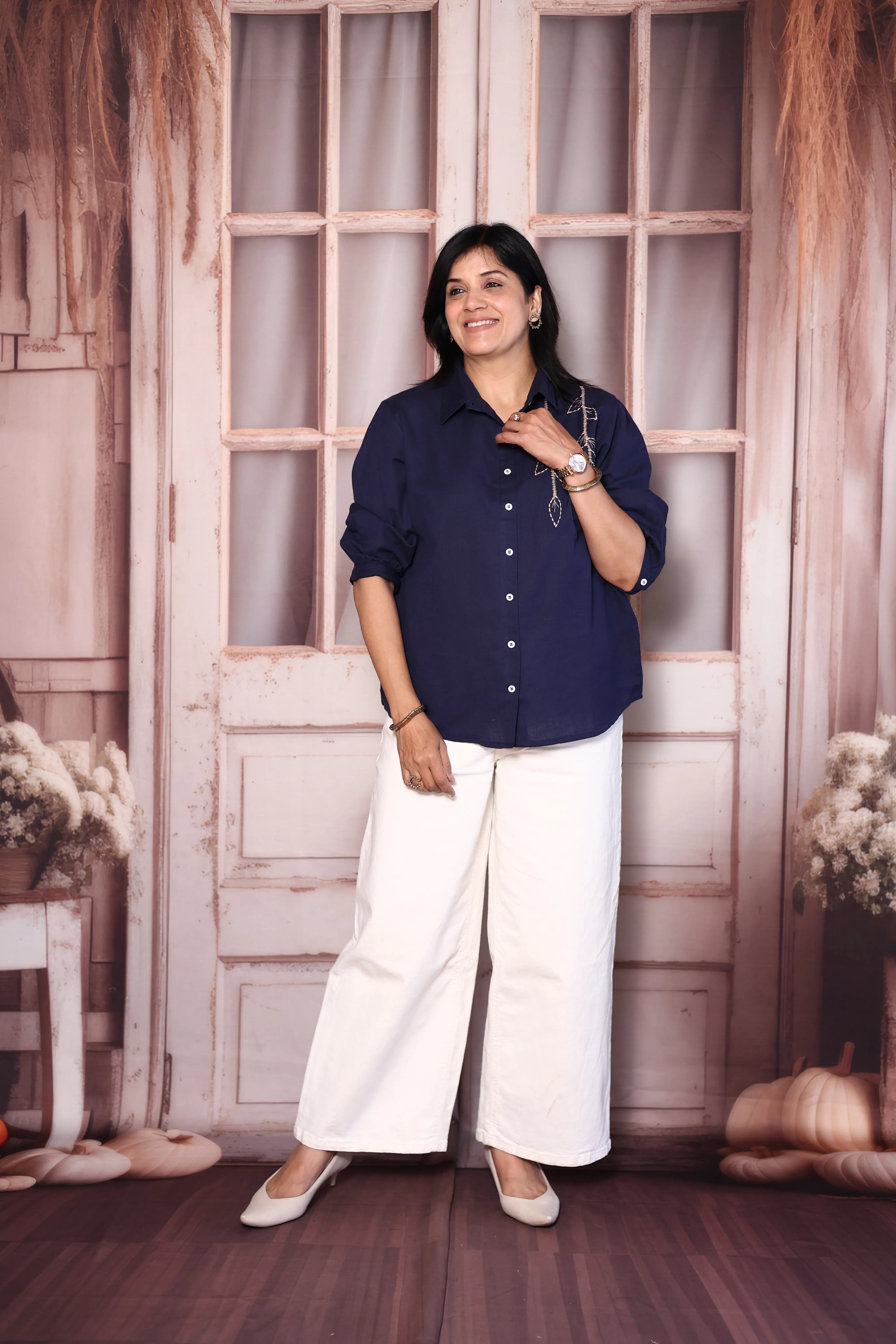 Navy Blue Cotton Collared Shirt with Thread Embroidery | Everyday Smart Wear