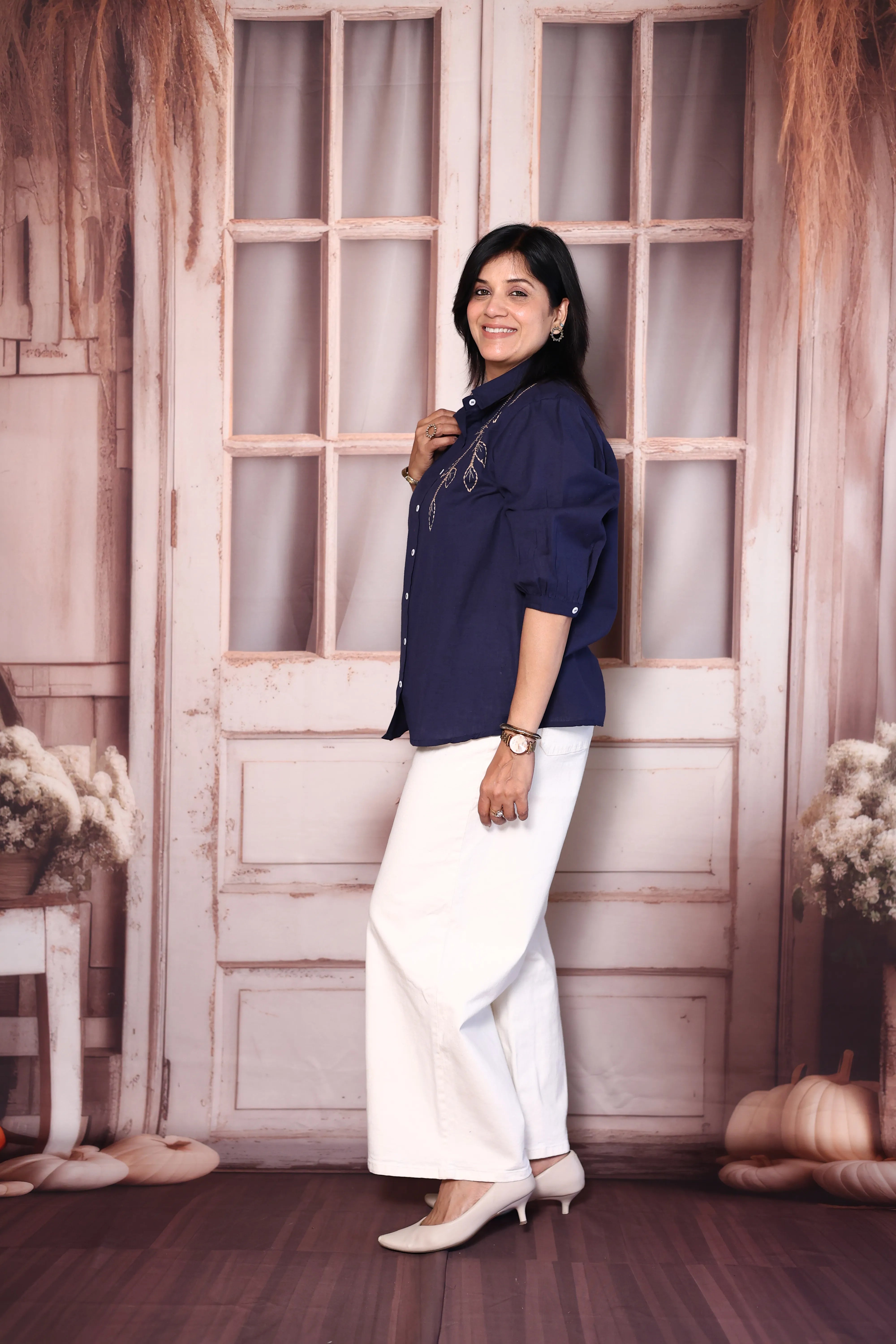 Navy Blue Cotton Collared Shirt with Thread Embroidery | Everyday Smart Wear