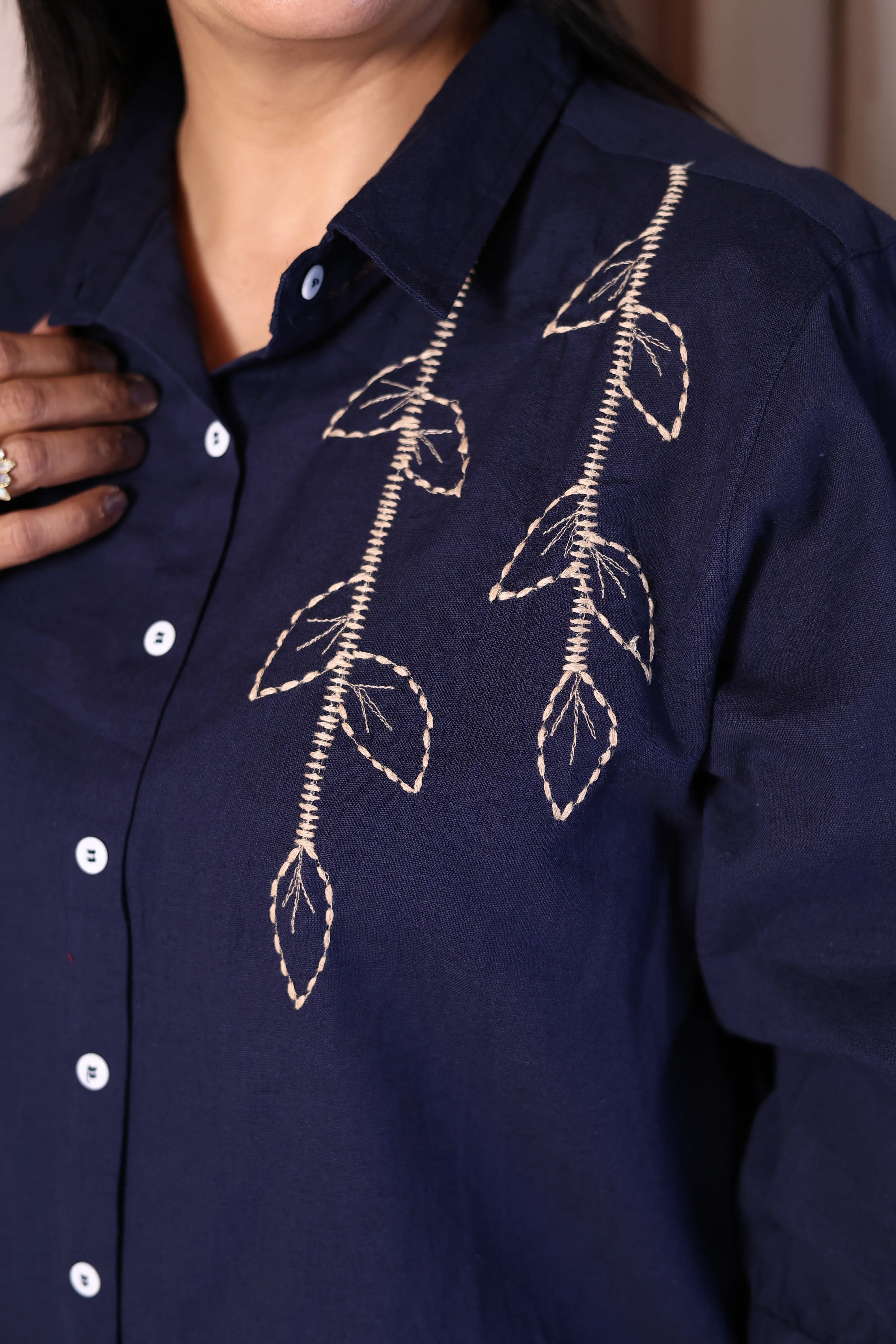 Navy Blue Cotton Collared Shirt with Thread Embroidery | Everyday Smart Wear