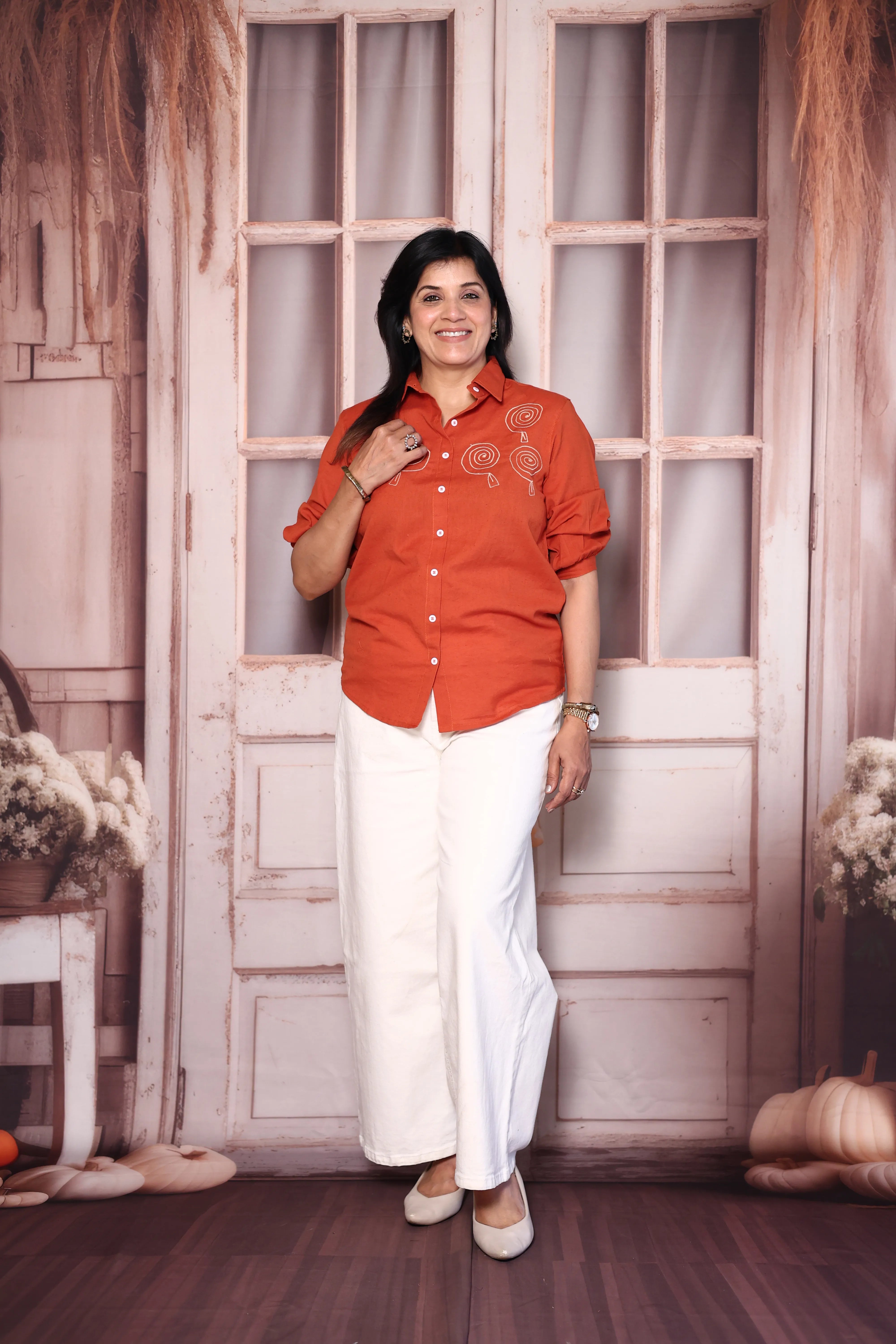 Orange Cotton Collared Shirt with Thread Embroidery | Everyday Smart Wear
