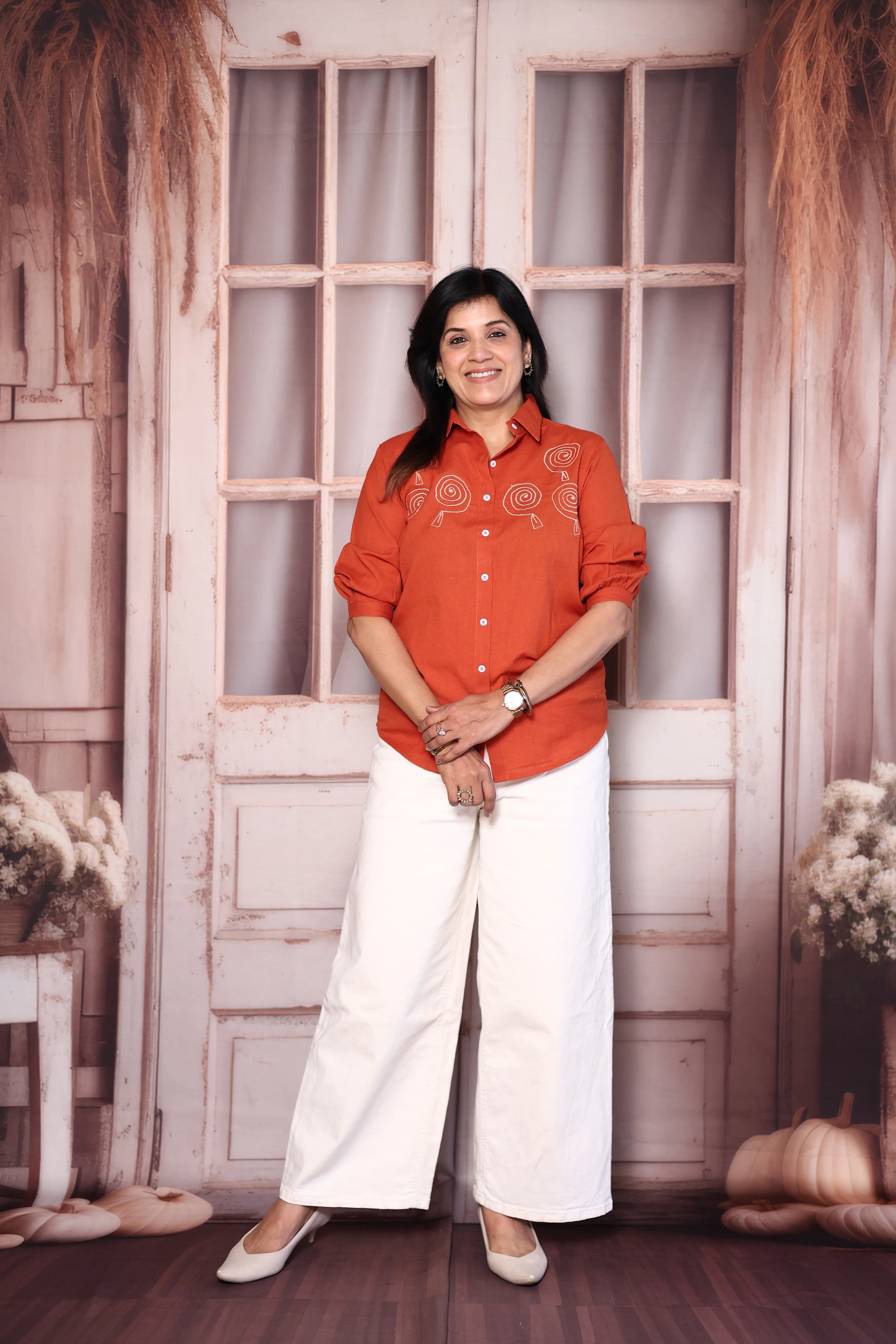Orange Cotton Collared Shirt with Thread Embroidery | Everyday Smart Wear