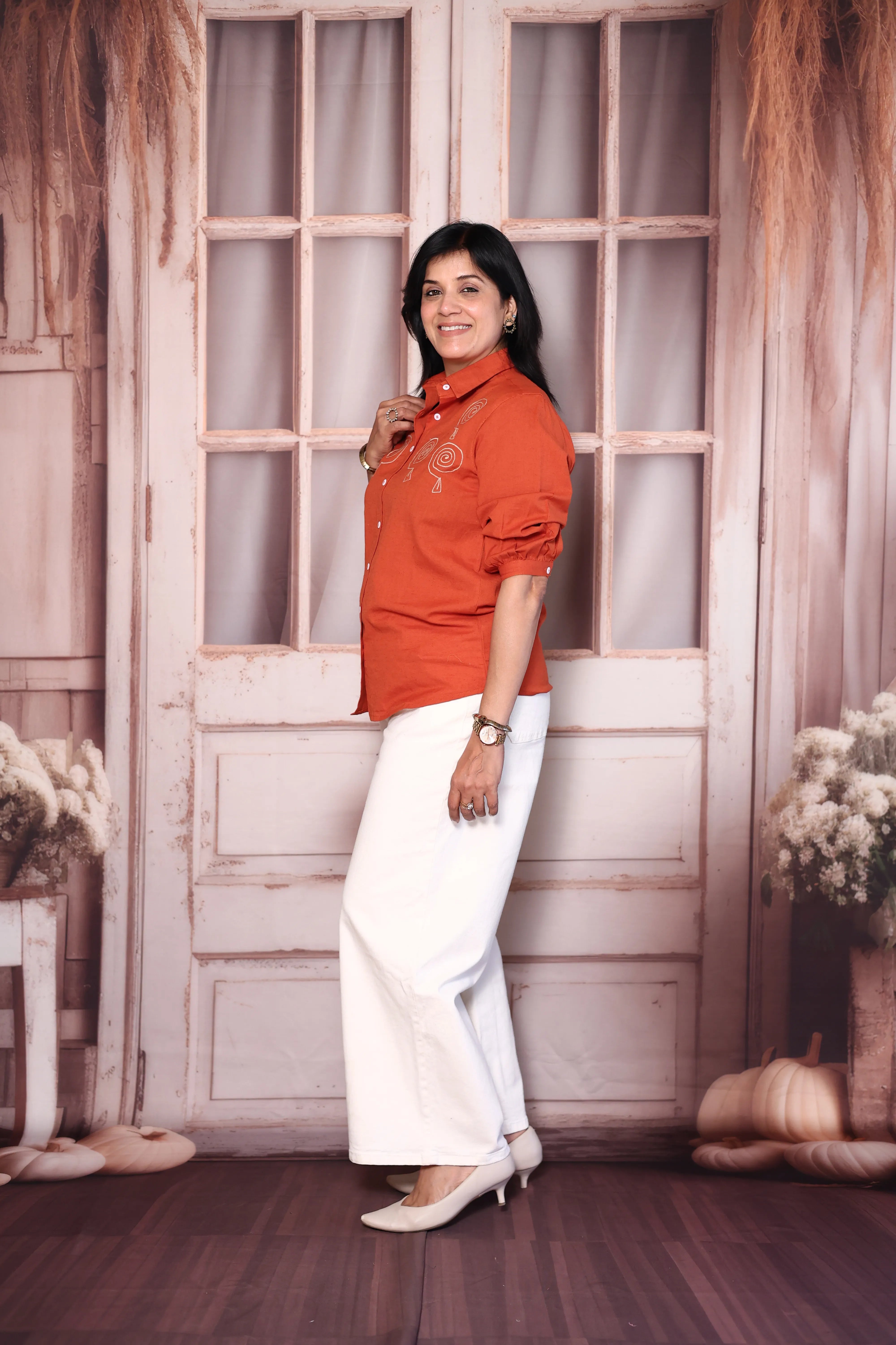 Orange Cotton Collared Shirt with Thread Embroidery | Everyday Smart Wear