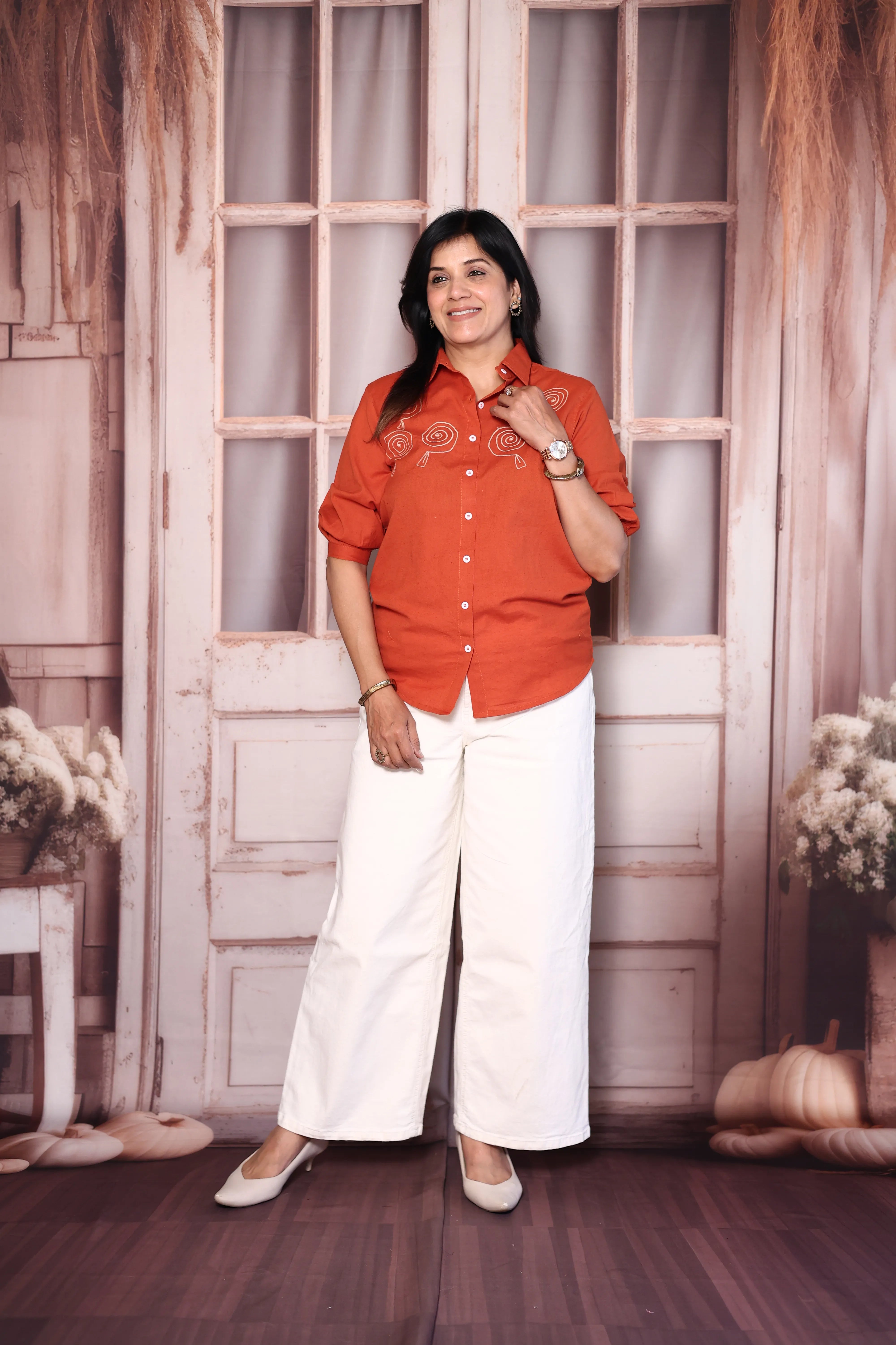 Orange Cotton Collared Shirt with Thread Embroidery | Everyday Smart Wear