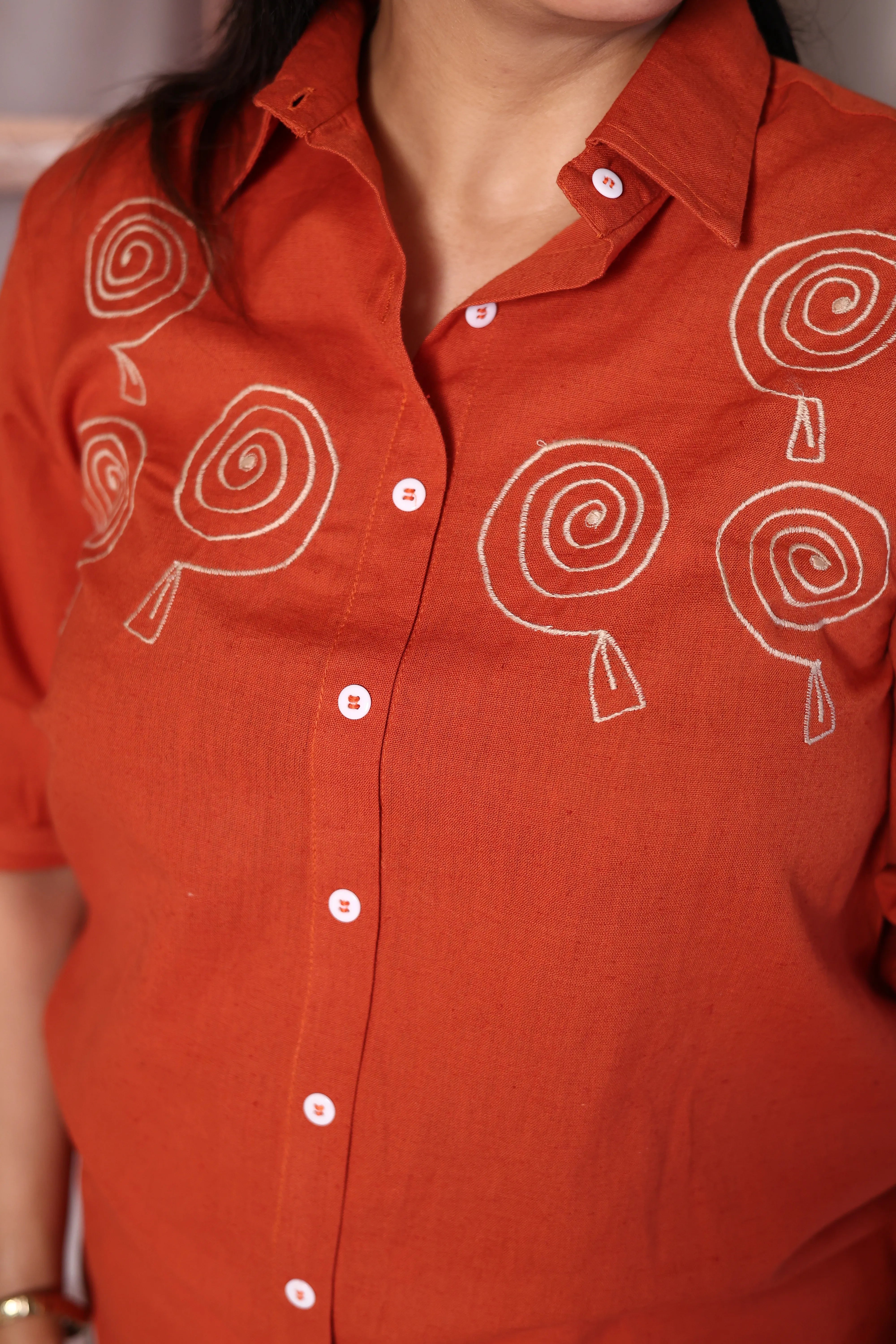 Orange Cotton Collared Shirt with Thread Embroidery | Everyday Smart Wear