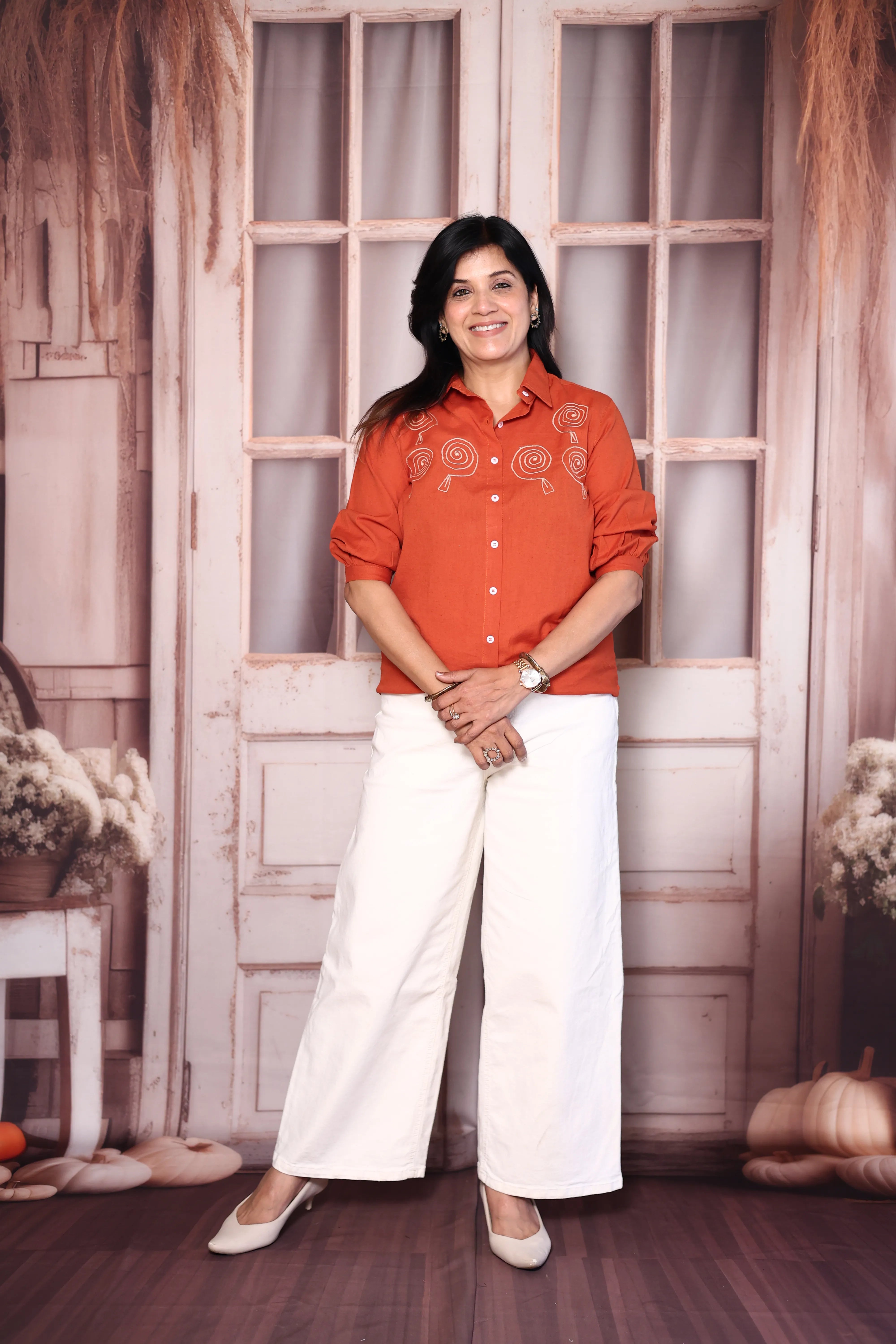 Orange Cotton Collared Shirt with Thread Embroidery | Everyday Smart Wear