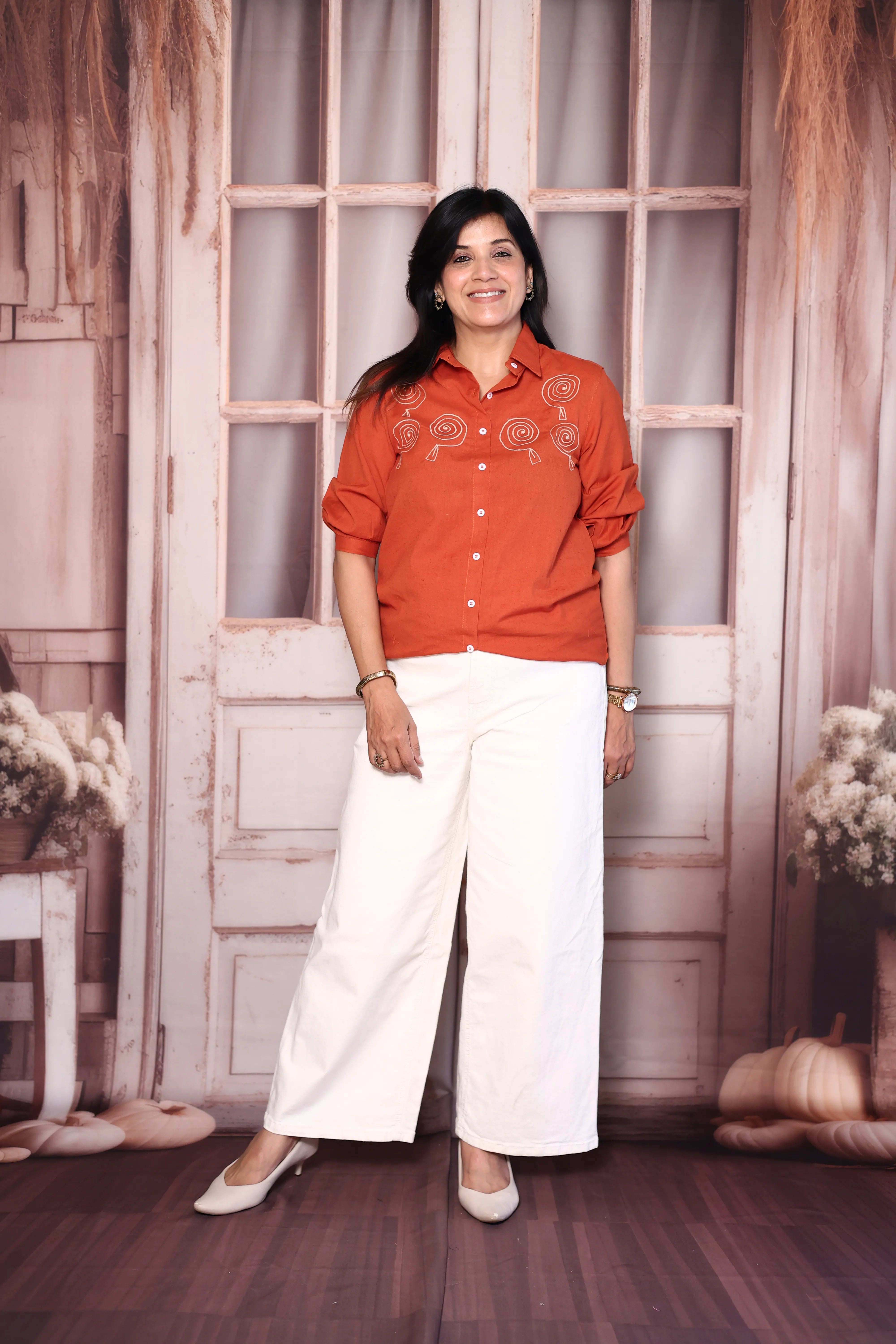 Orange Cotton Collared Shirt with Thread Embroidery | Everyday Smart Wear