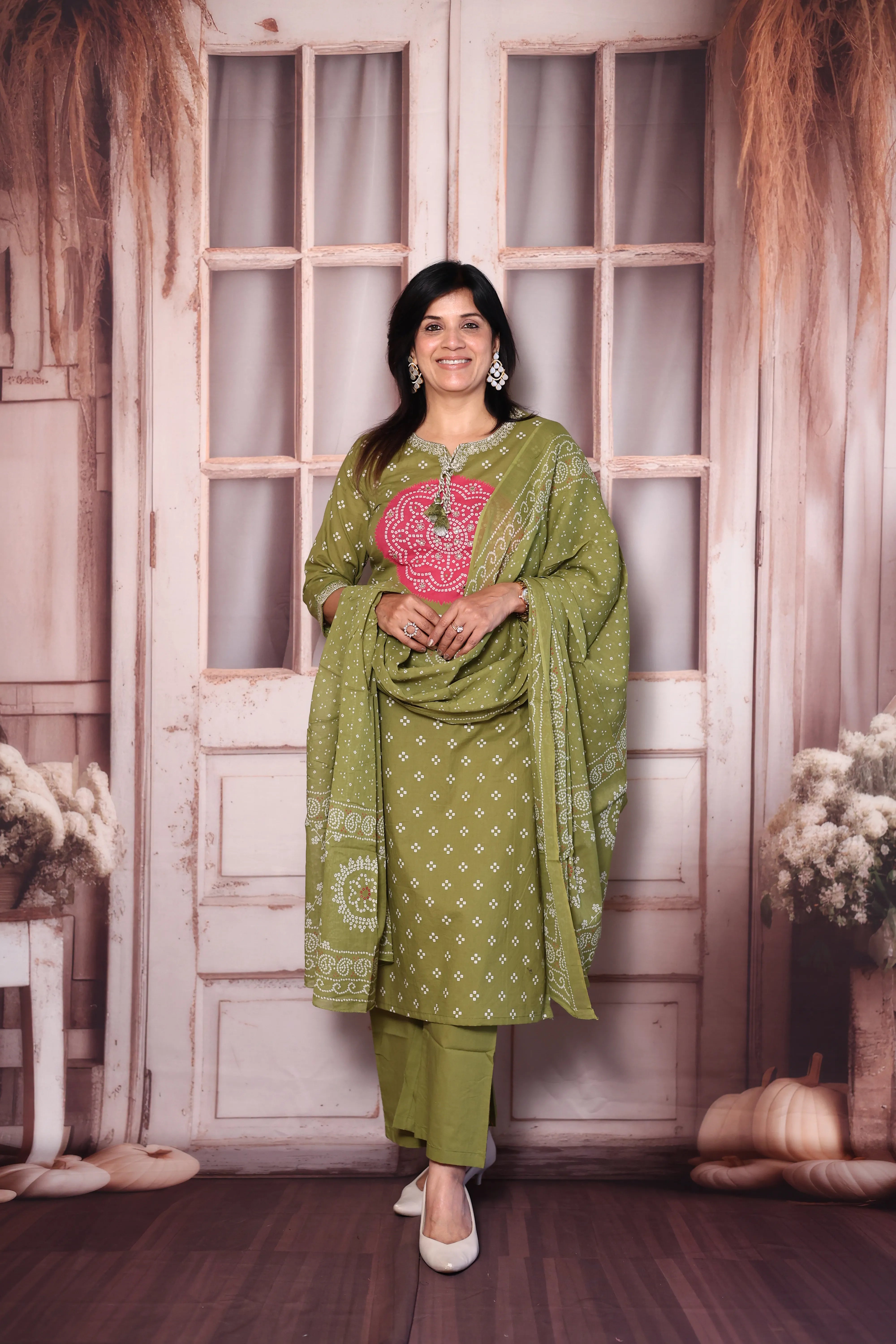 Olive Green Bandhani Print Kurta Pant Dupatta Set with Mirror & Pearl Embroidery