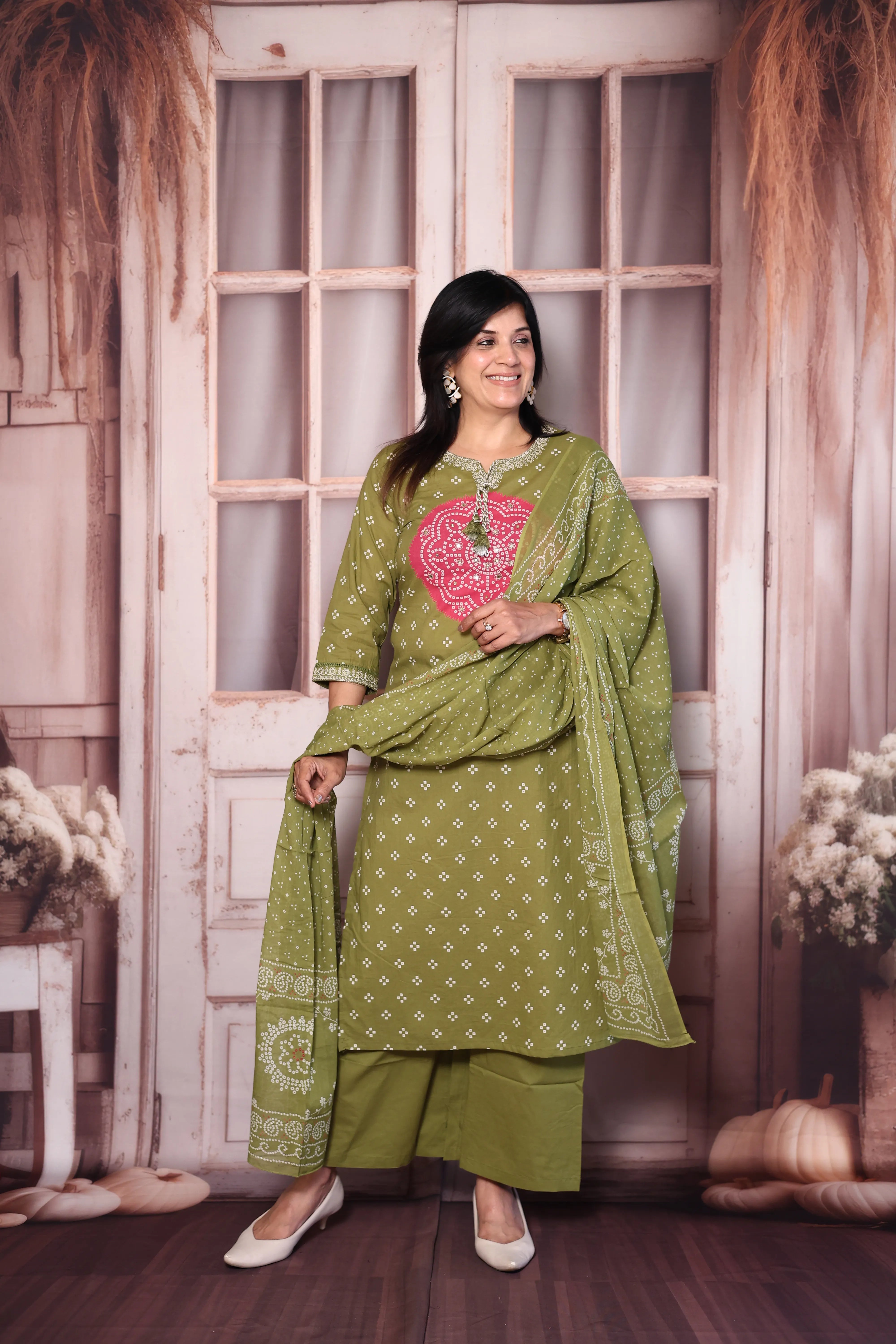 Olive Green Bandhani Print Kurta Pant Dupatta Set with Mirror & Pearl Embroidery