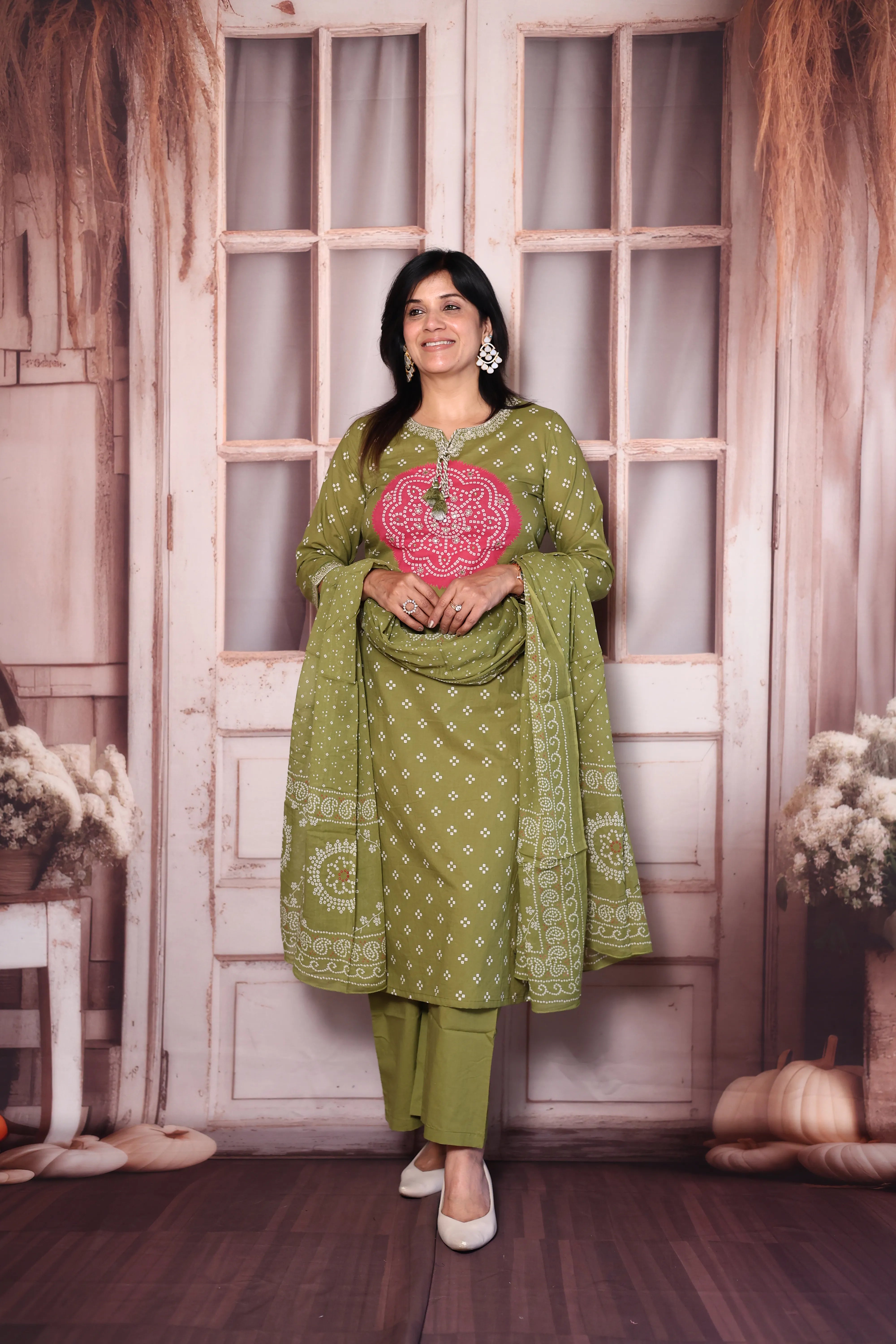 Olive Green Bandhani Print Kurta Pant Dupatta Set with Mirror & Pearl Embroidery