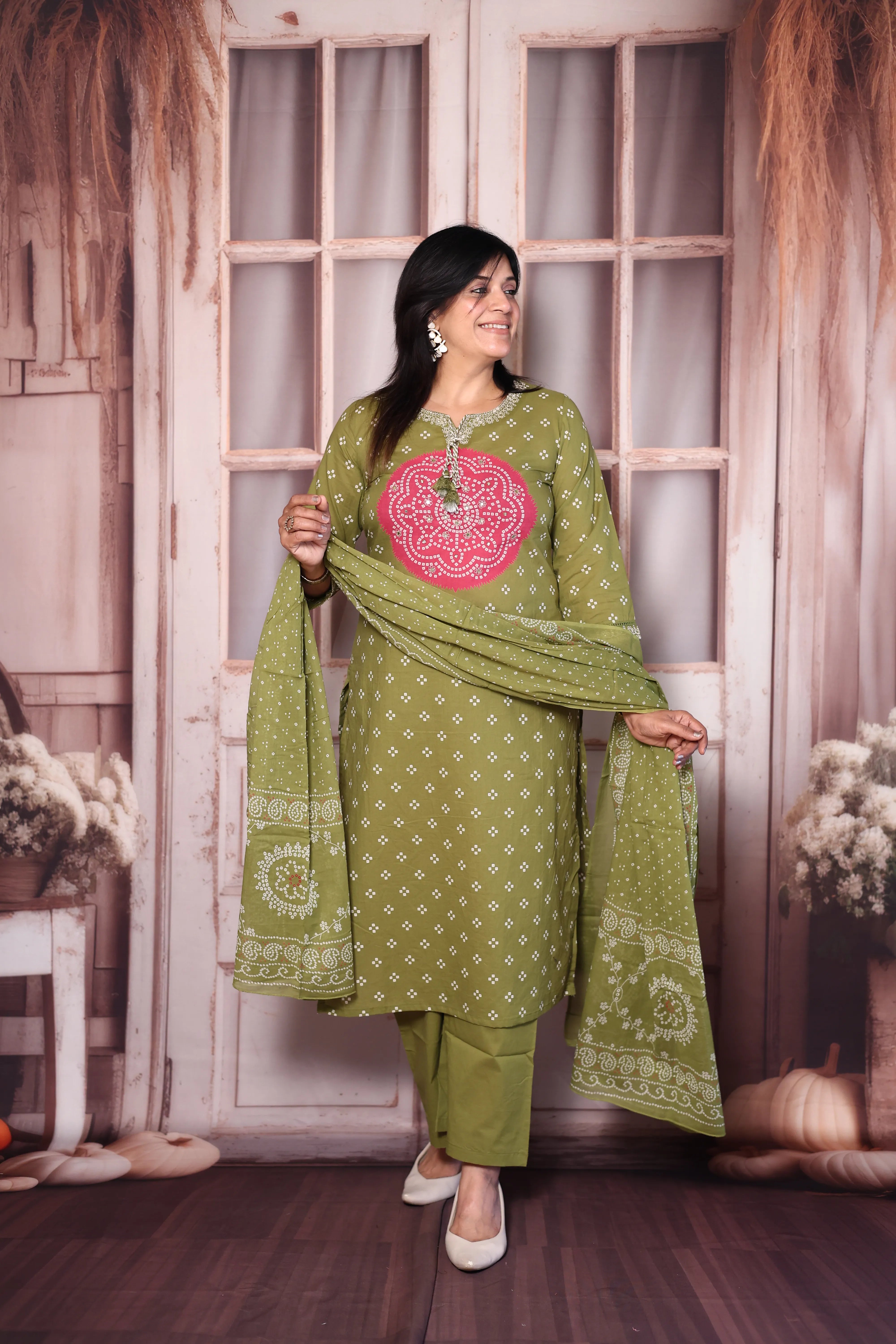 Olive Green Bandhani Print Kurta Pant Dupatta Set with Mirror & Pearl Embroidery