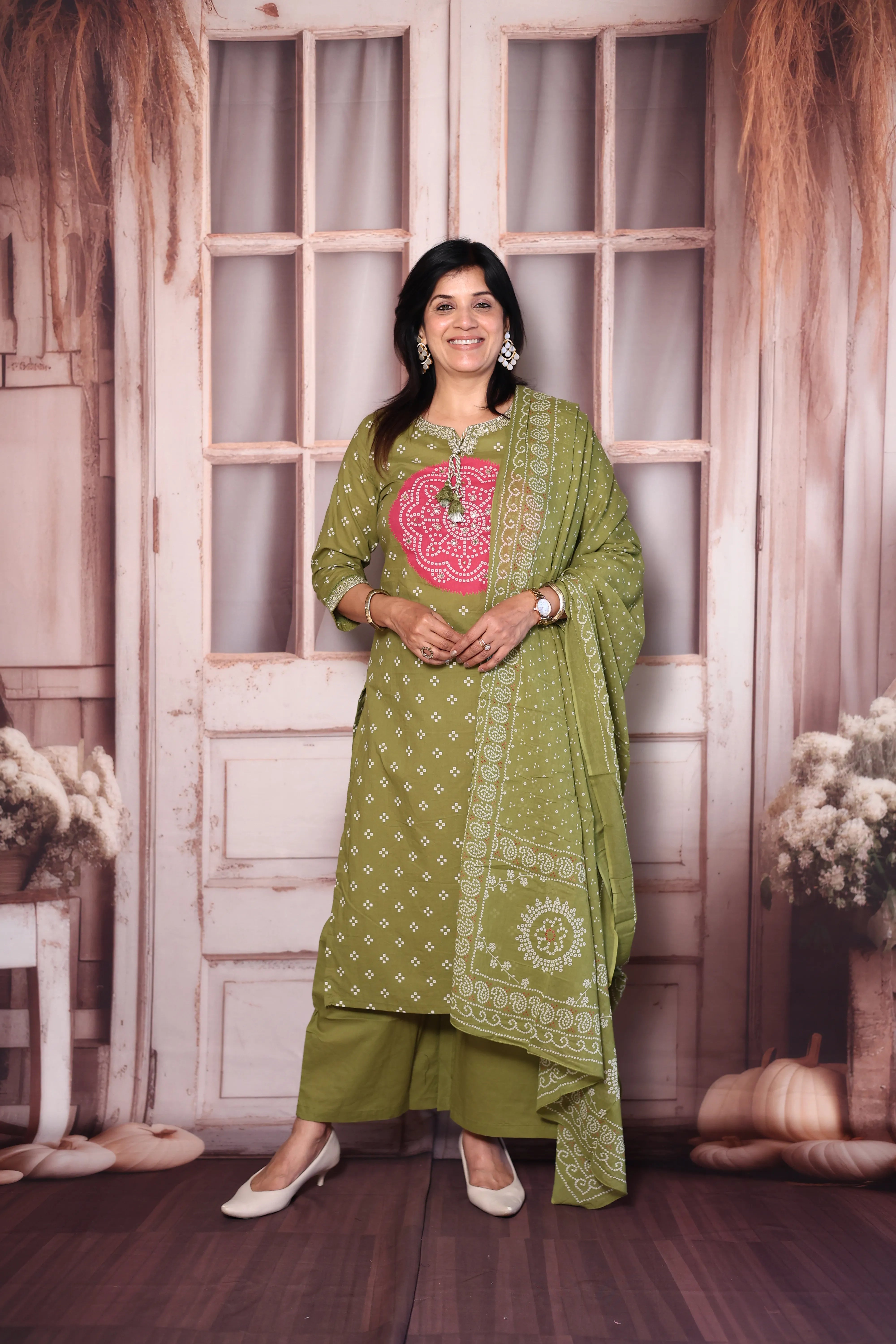 Olive Green Bandhani Print Kurta Pant Dupatta Set with Mirror & Pearl Embroidery