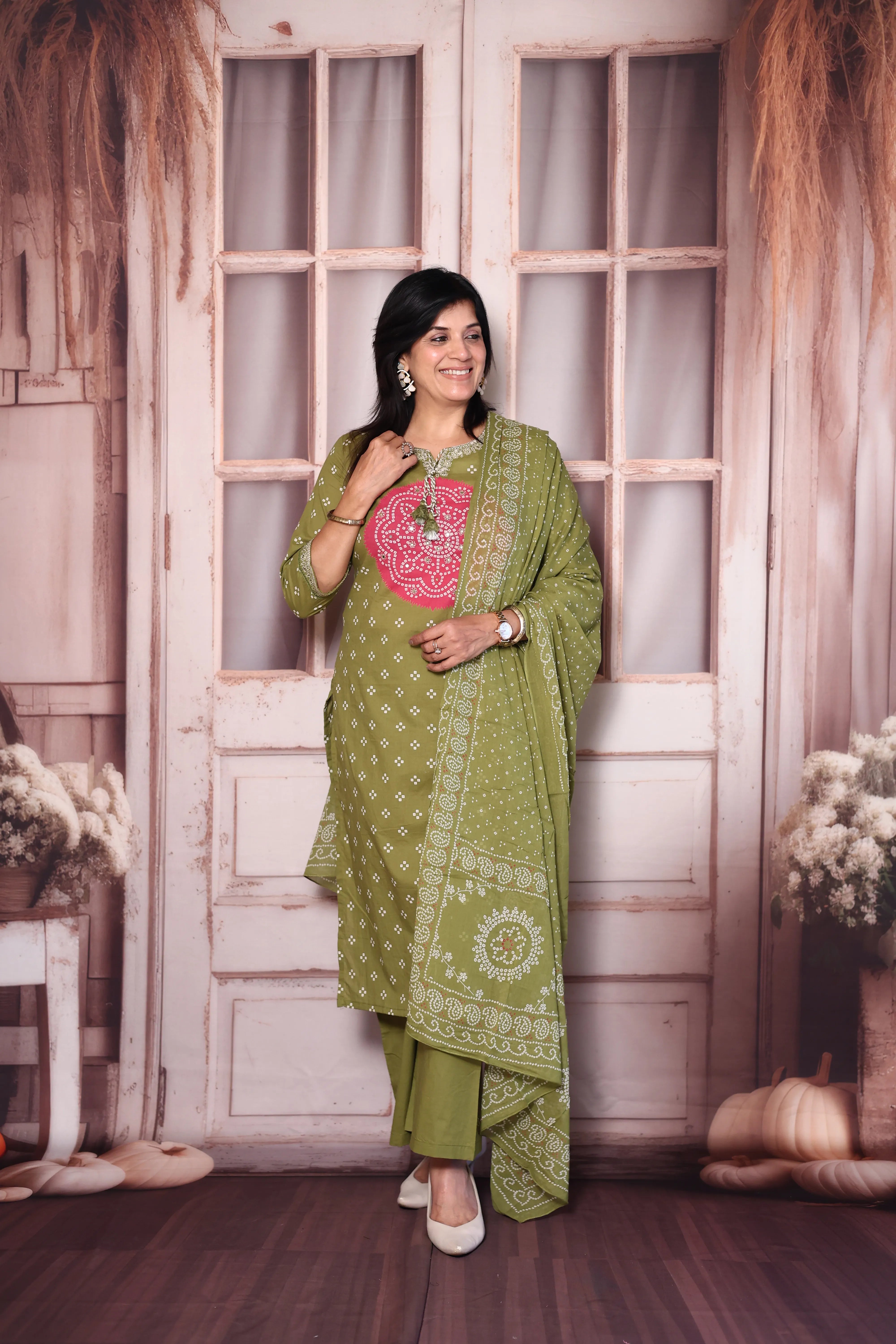 Olive Green Bandhani Print Kurta Pant Dupatta Set with Mirror & Pearl Embroidery