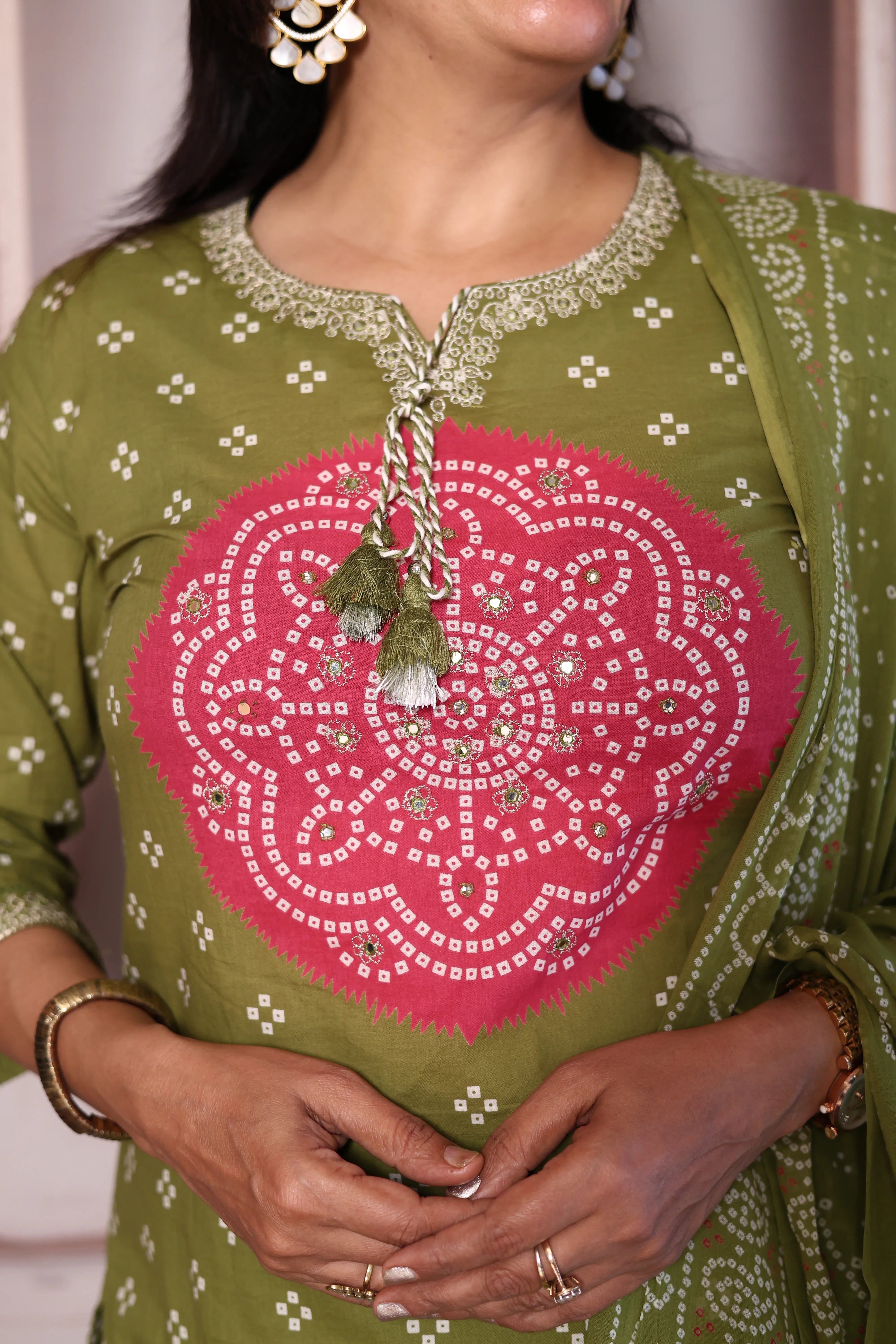 Olive Green Bandhani Print Kurta Pant Dupatta Set with Mirror & Pearl Embroidery