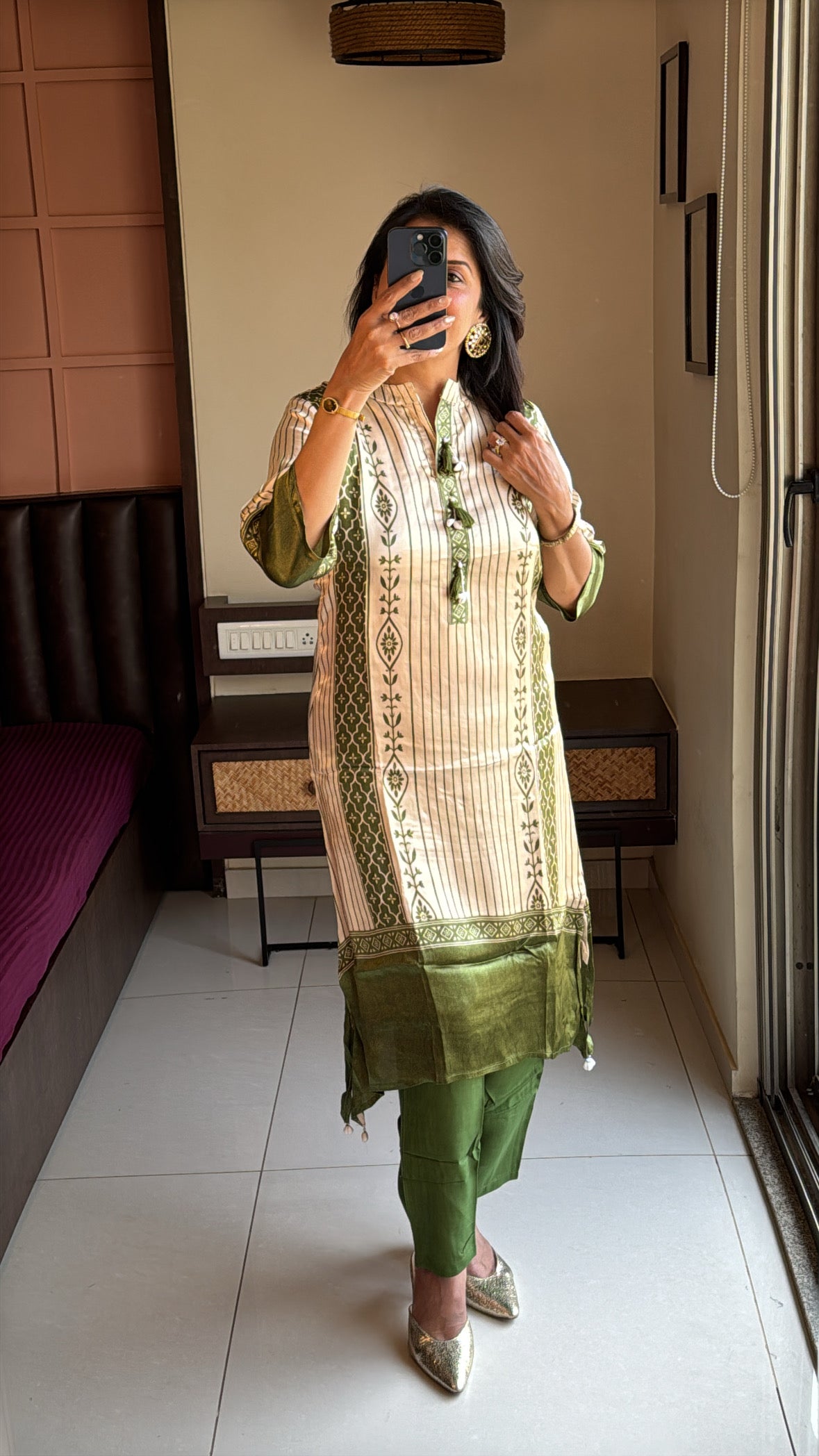 Beige & Green A-Line Printed Kurta Pant Set with Pearl & Cowrie Shell Tassel Work | Gaji Silk