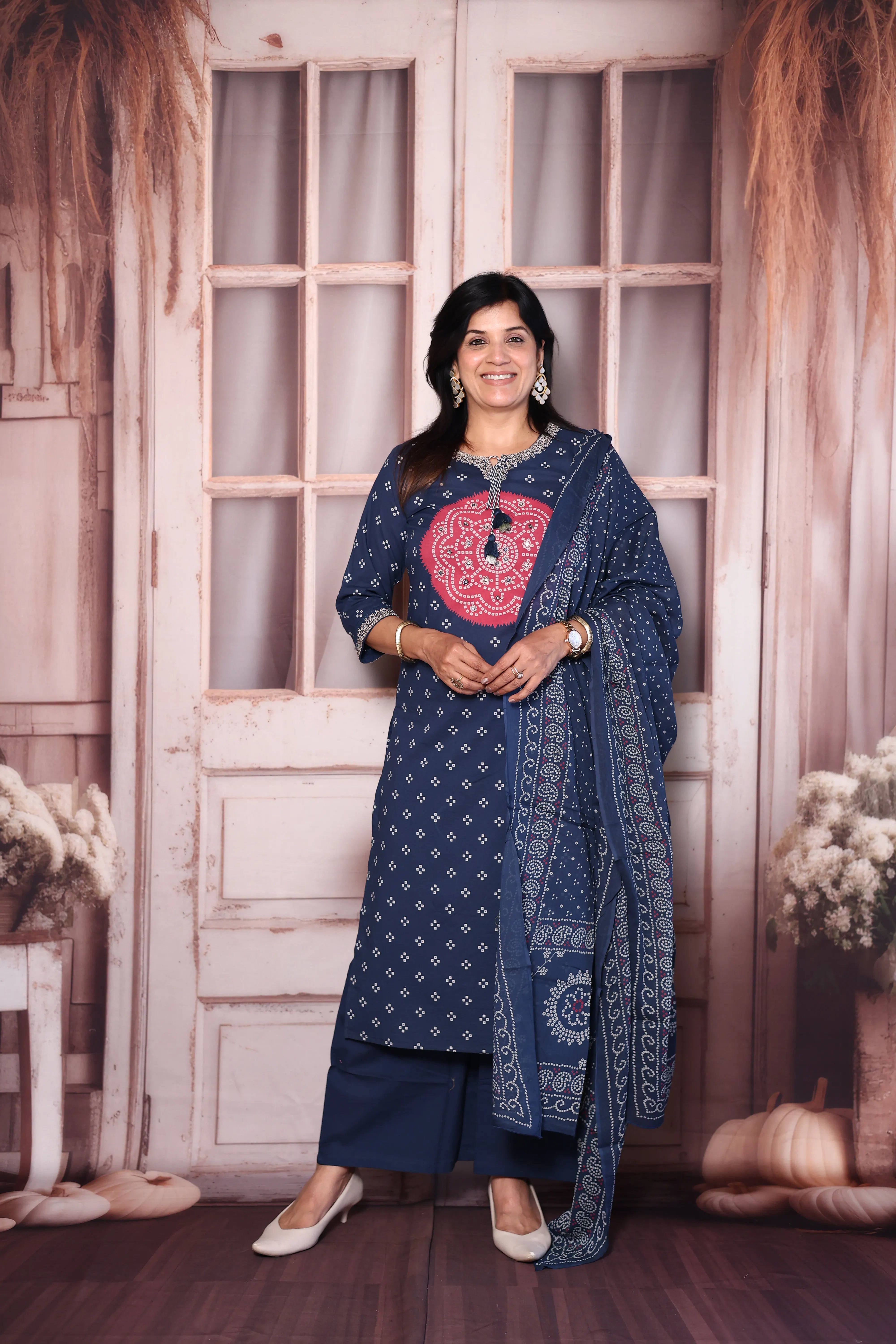 Blue Bandhani Print Kurta Pant Dupatta Set with Mirror & Pearl Embroidery