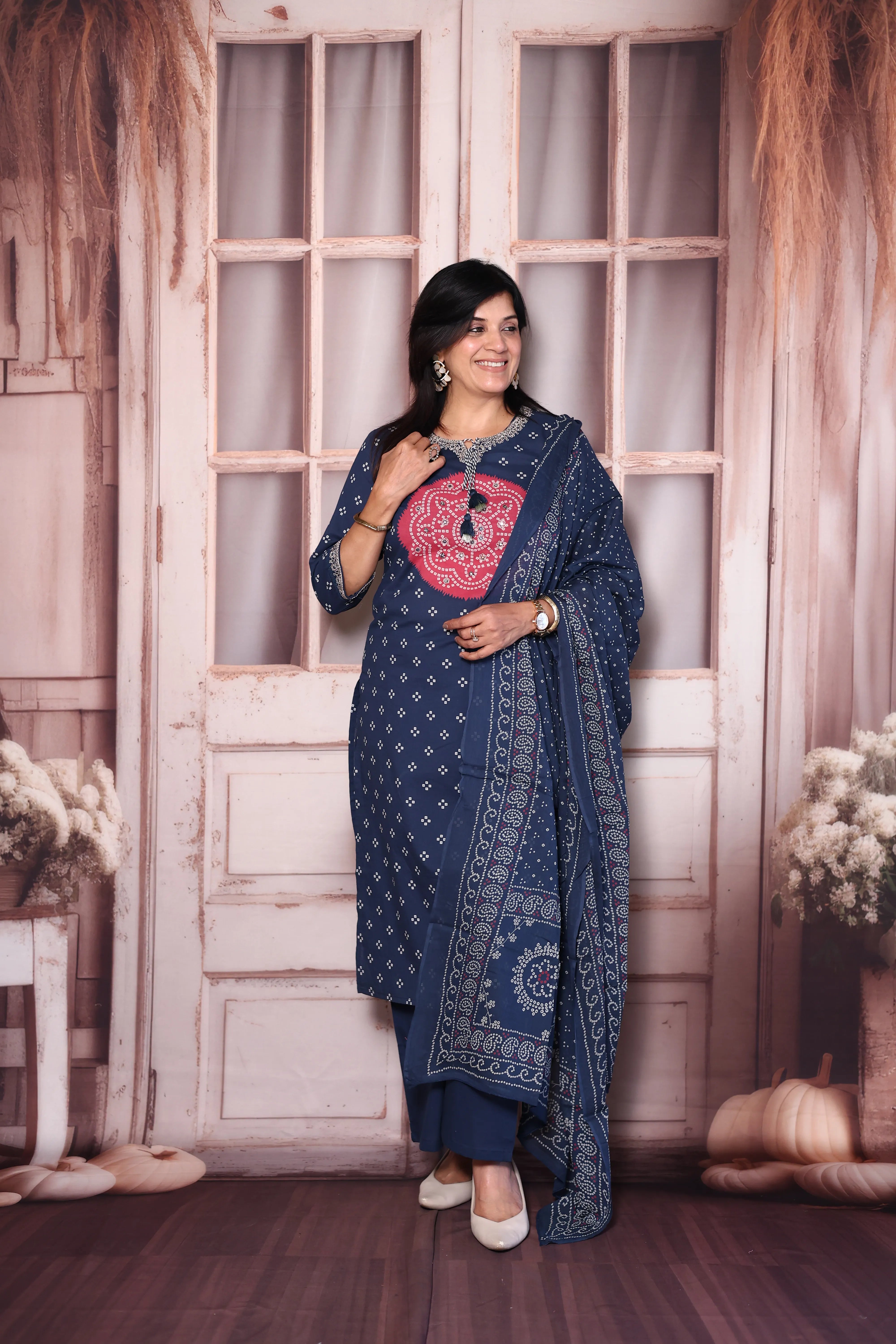 Blue Bandhani Print Kurta Pant Dupatta Set with Mirror & Pearl Embroidery