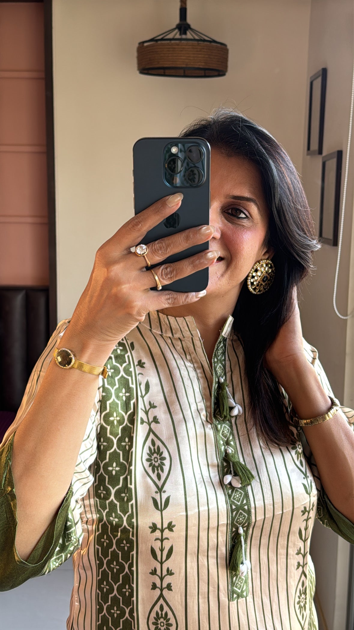 Beige & Green A-Line Printed Kurta Pant Set with Pearl & Cowrie Shell Tassel Work | Gaji Silk
