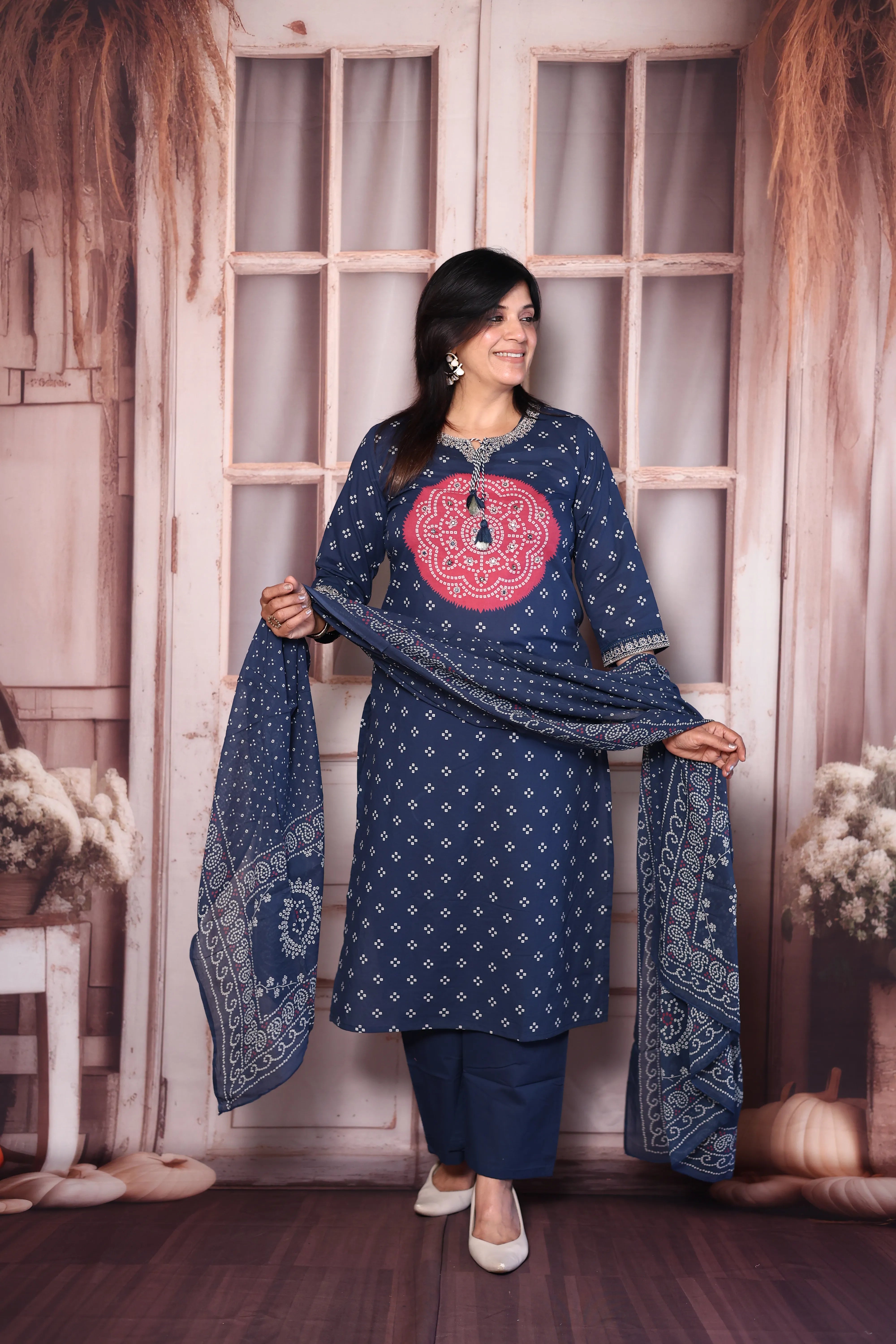 Blue Bandhani Print Kurta Pant Dupatta Set with Mirror & Pearl Embroidery
