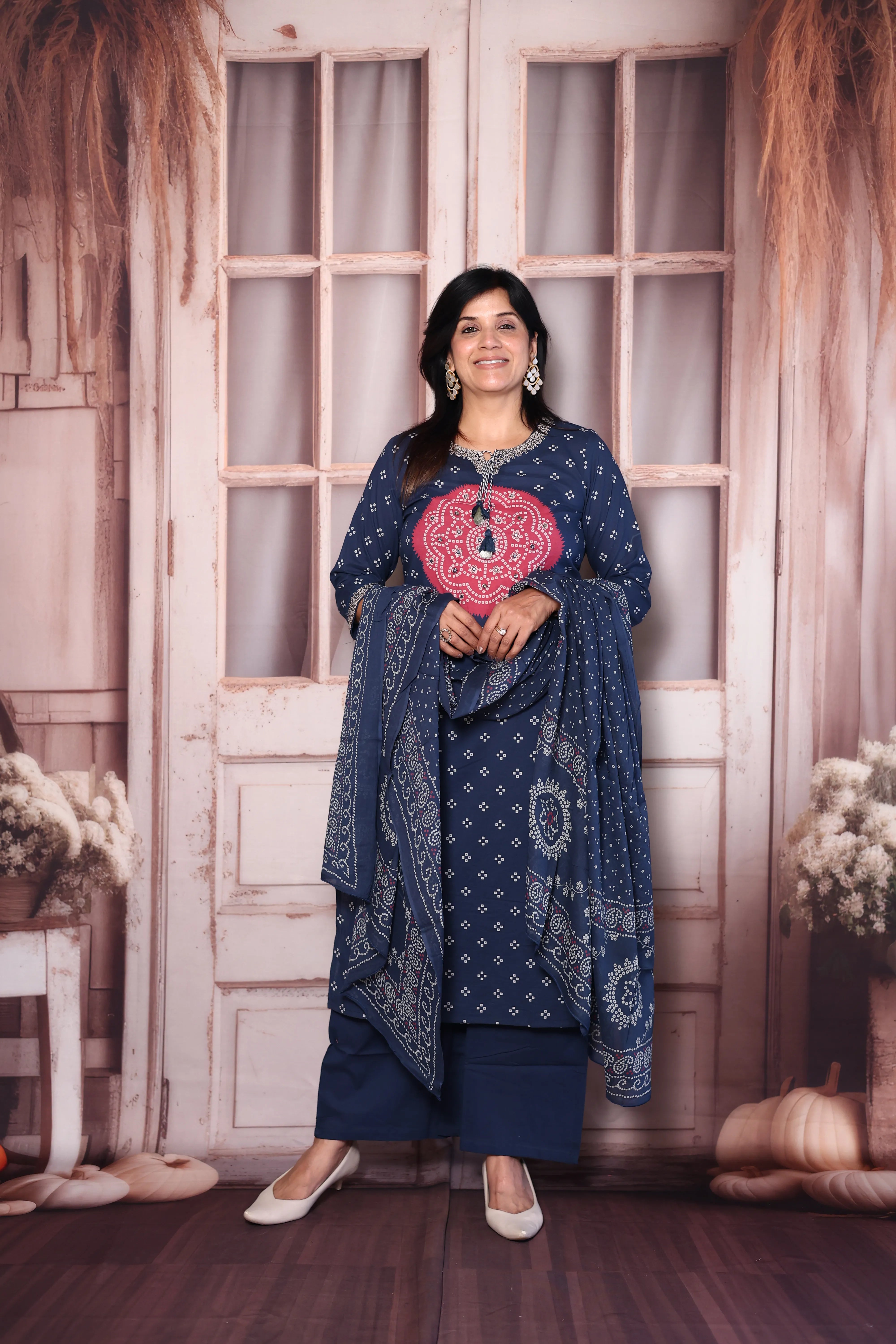 Blue Bandhani Print Kurta Pant Dupatta Set with Mirror & Pearl Embroidery