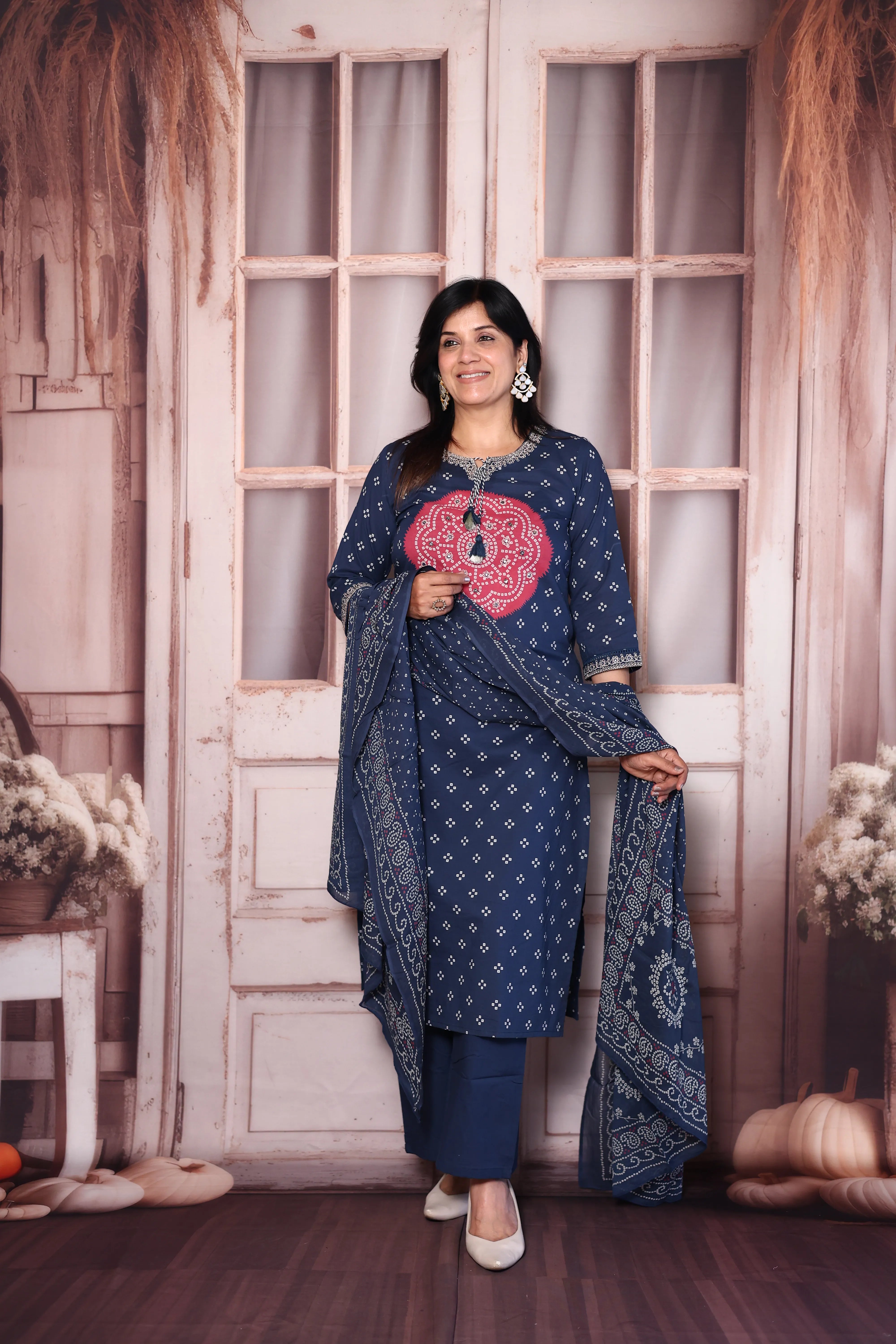 Blue Bandhani Print Kurta Pant Dupatta Set with Mirror & Pearl Embroidery