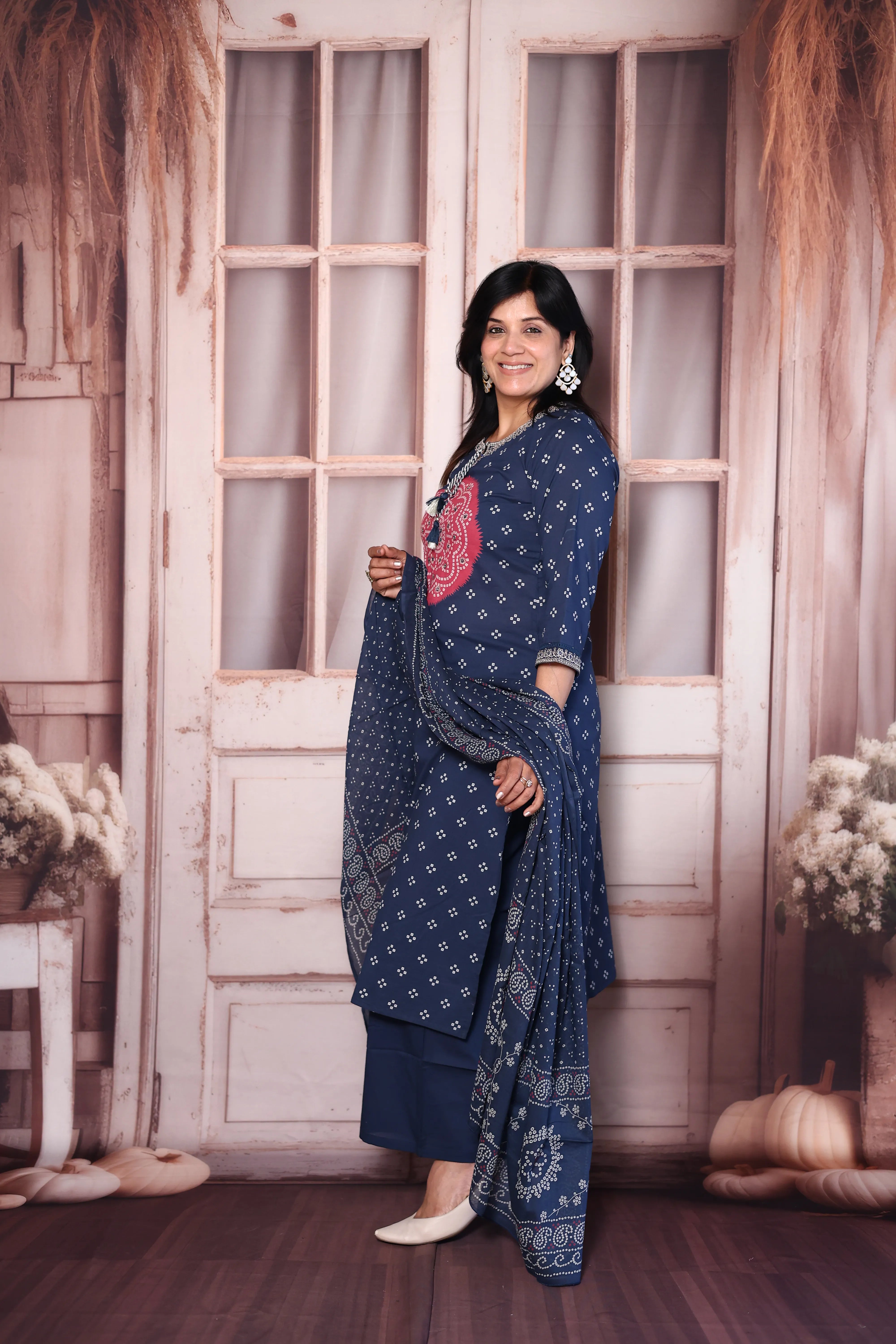 Blue Bandhani Print Kurta Pant Dupatta Set with Mirror & Pearl Embroidery