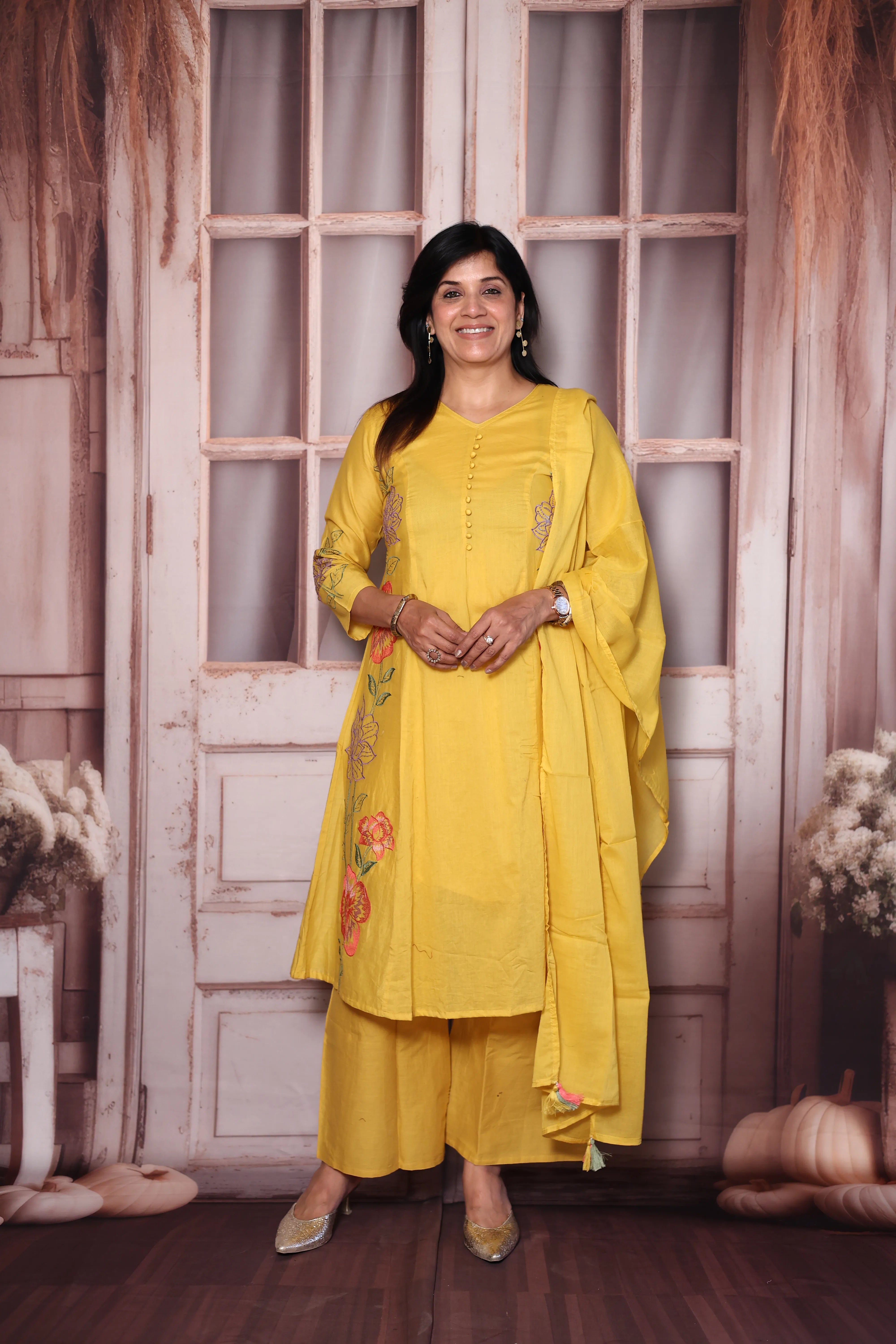 Sunflower yellow Floral Thread Embroidery Mul Cotton A-Line Palazzo Dupatta Set | Festive Wear