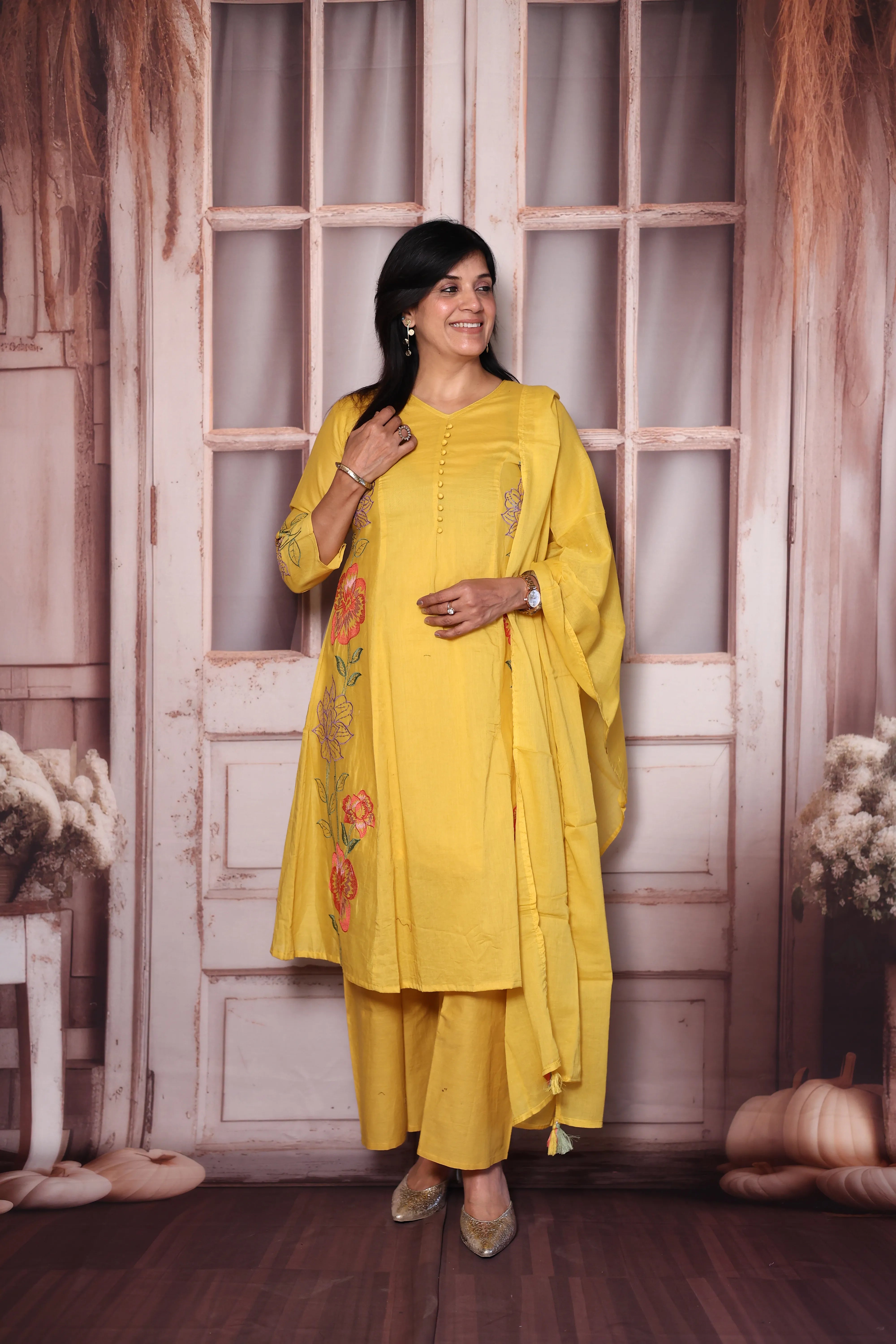 Sunflower yellow Floral Thread Embroidery Mul Cotton A-Line Palazzo Dupatta Set | Festive Wear