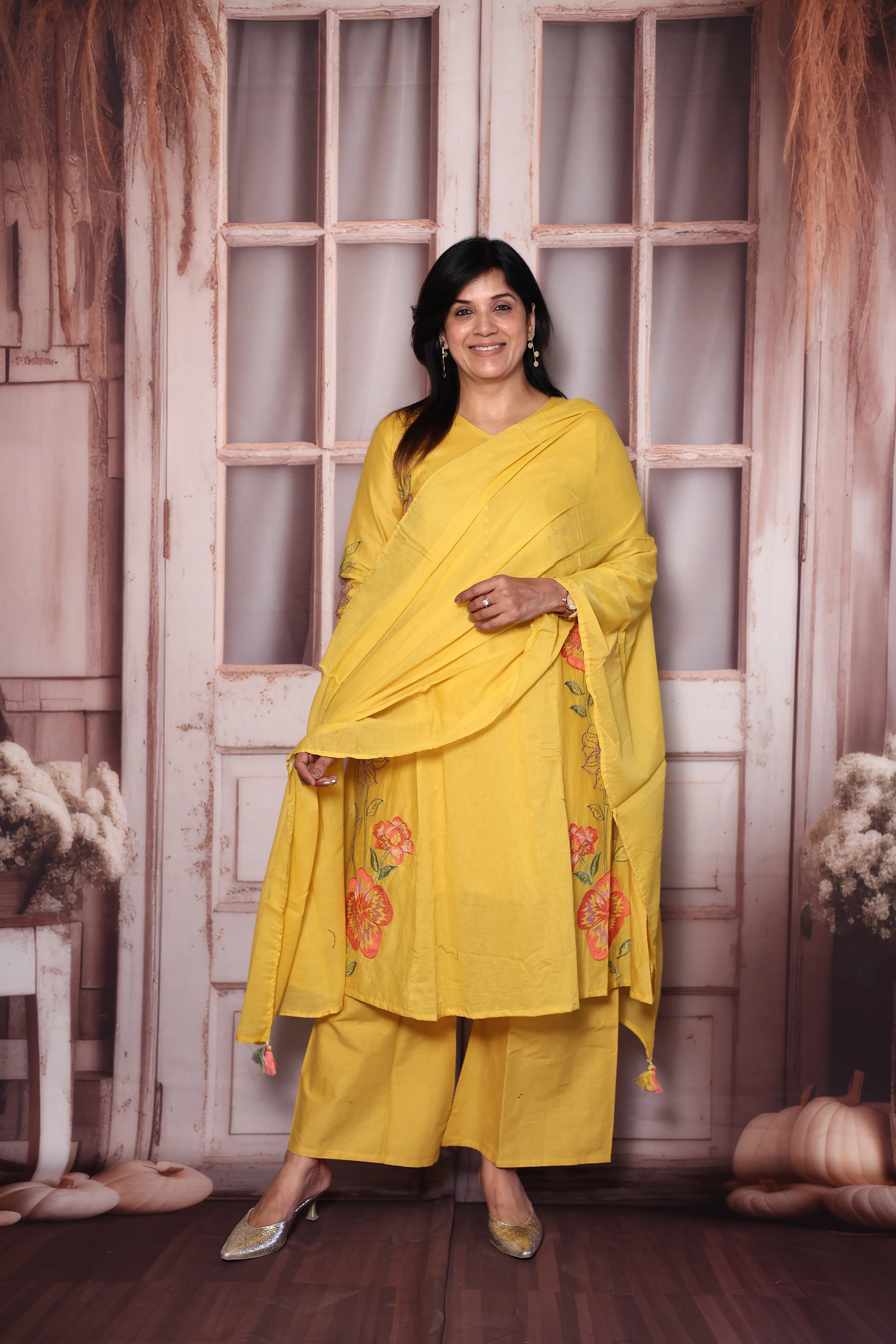 Sunflower yellow Floral Thread Embroidery Mul Cotton A-Line Palazzo Dupatta Set | Festive Wear