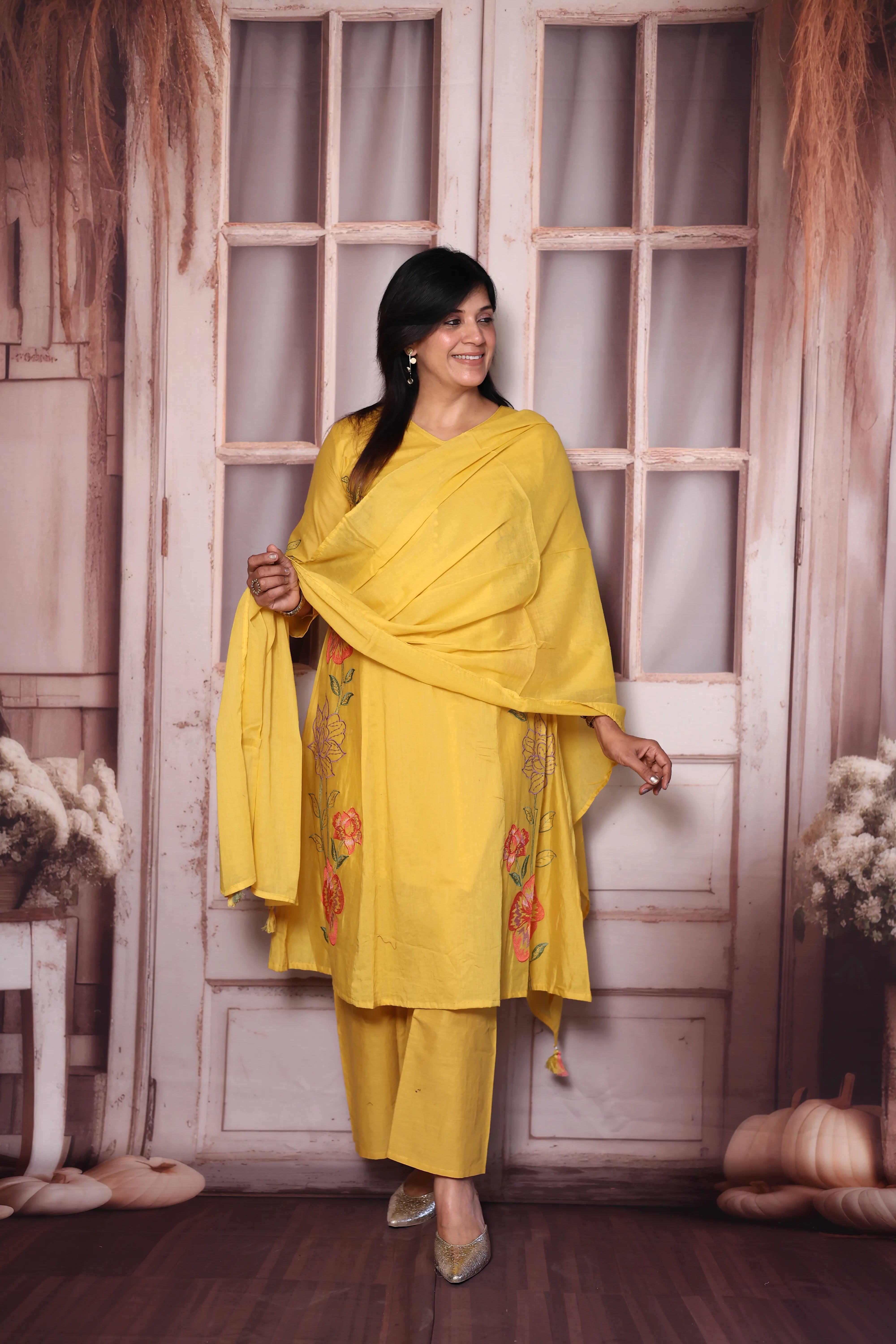 Sunflower yellow Floral Thread Embroidery Mul Cotton A-Line Palazzo Dupatta Set | Festive Wear