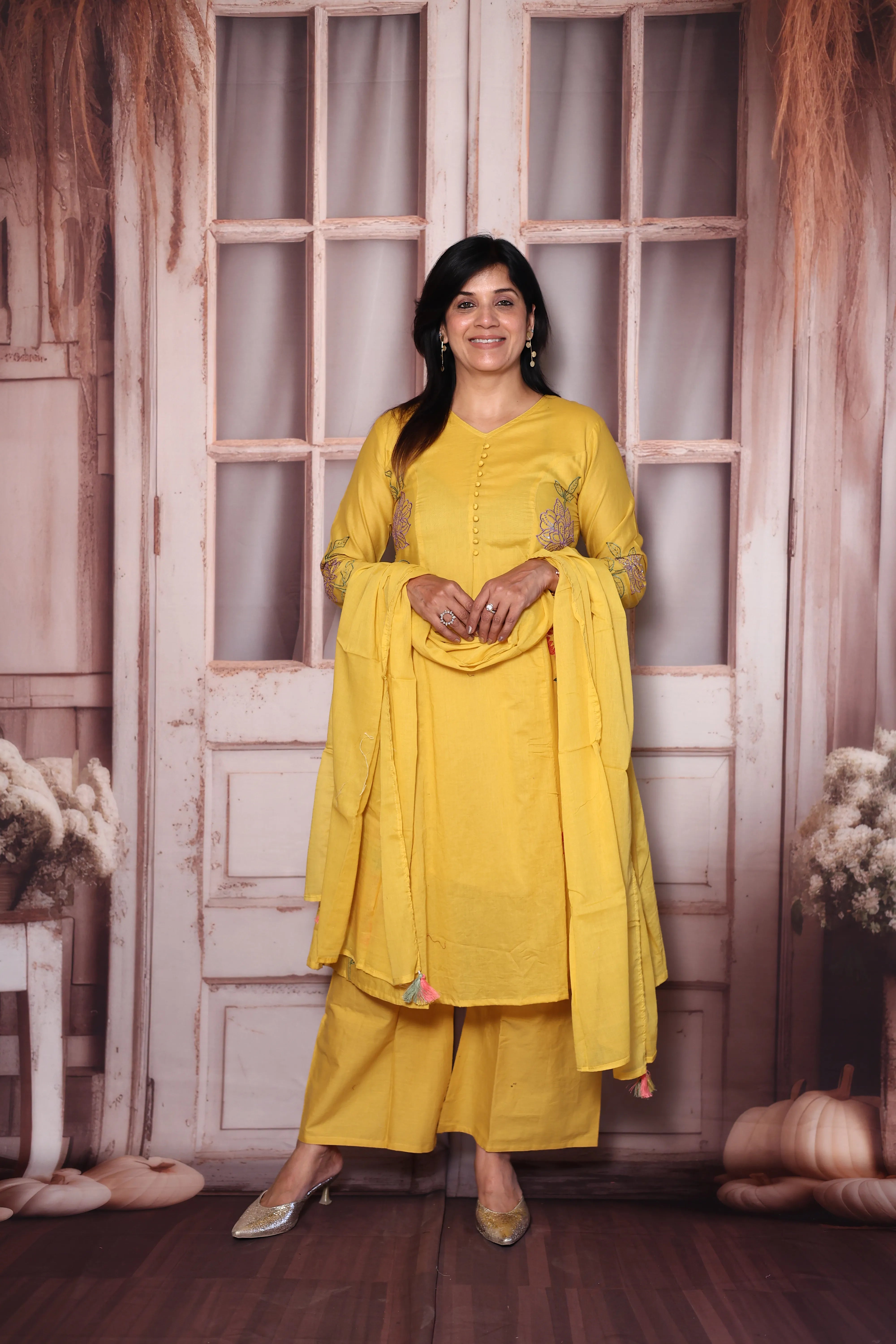 Sunflower yellow Floral Thread Embroidery Mul Cotton A-Line Palazzo Dupatta Set | Festive Wear