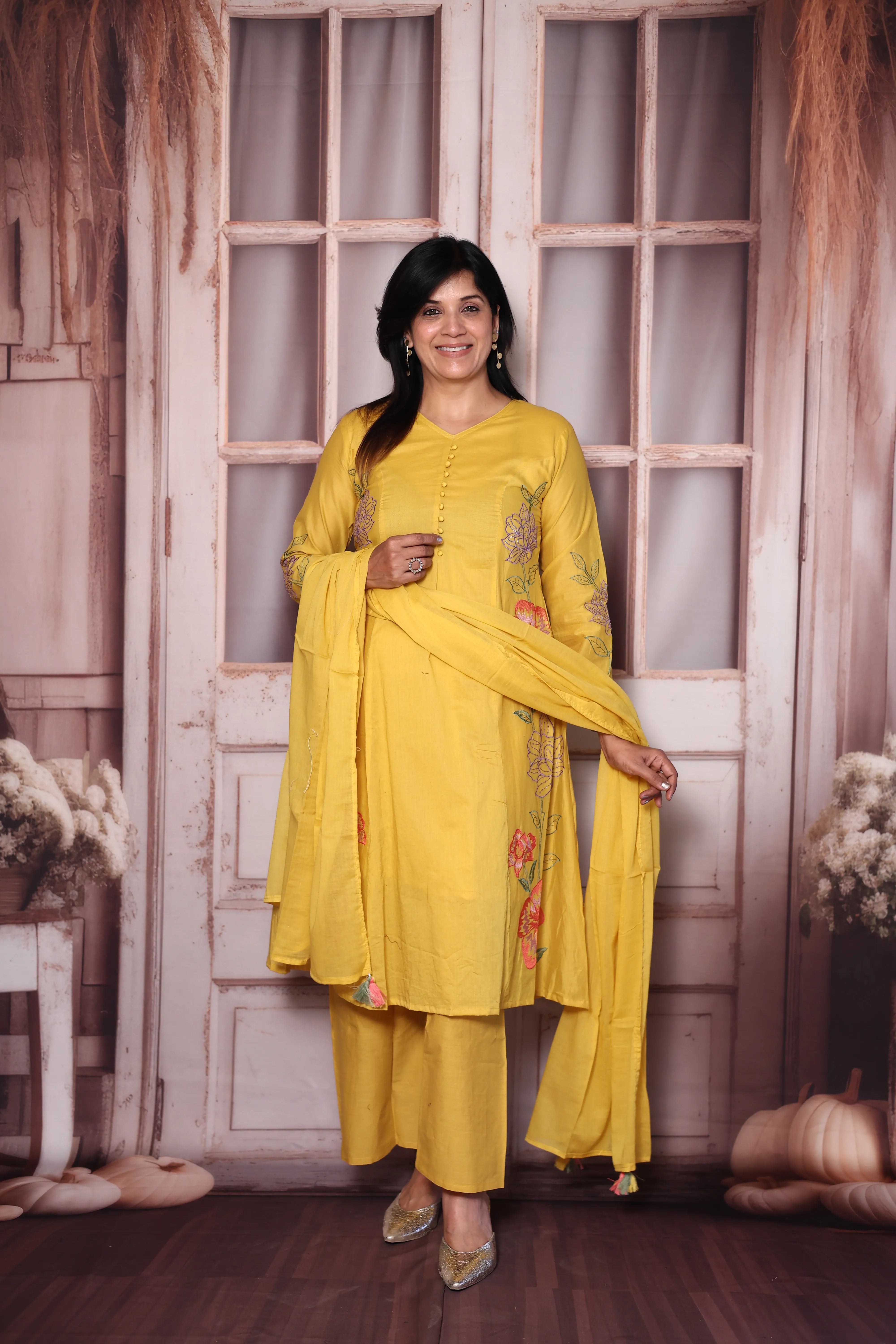 Sunflower yellow Floral Thread Embroidery Mul Cotton A-Line Palazzo Dupatta Set | Festive Wear