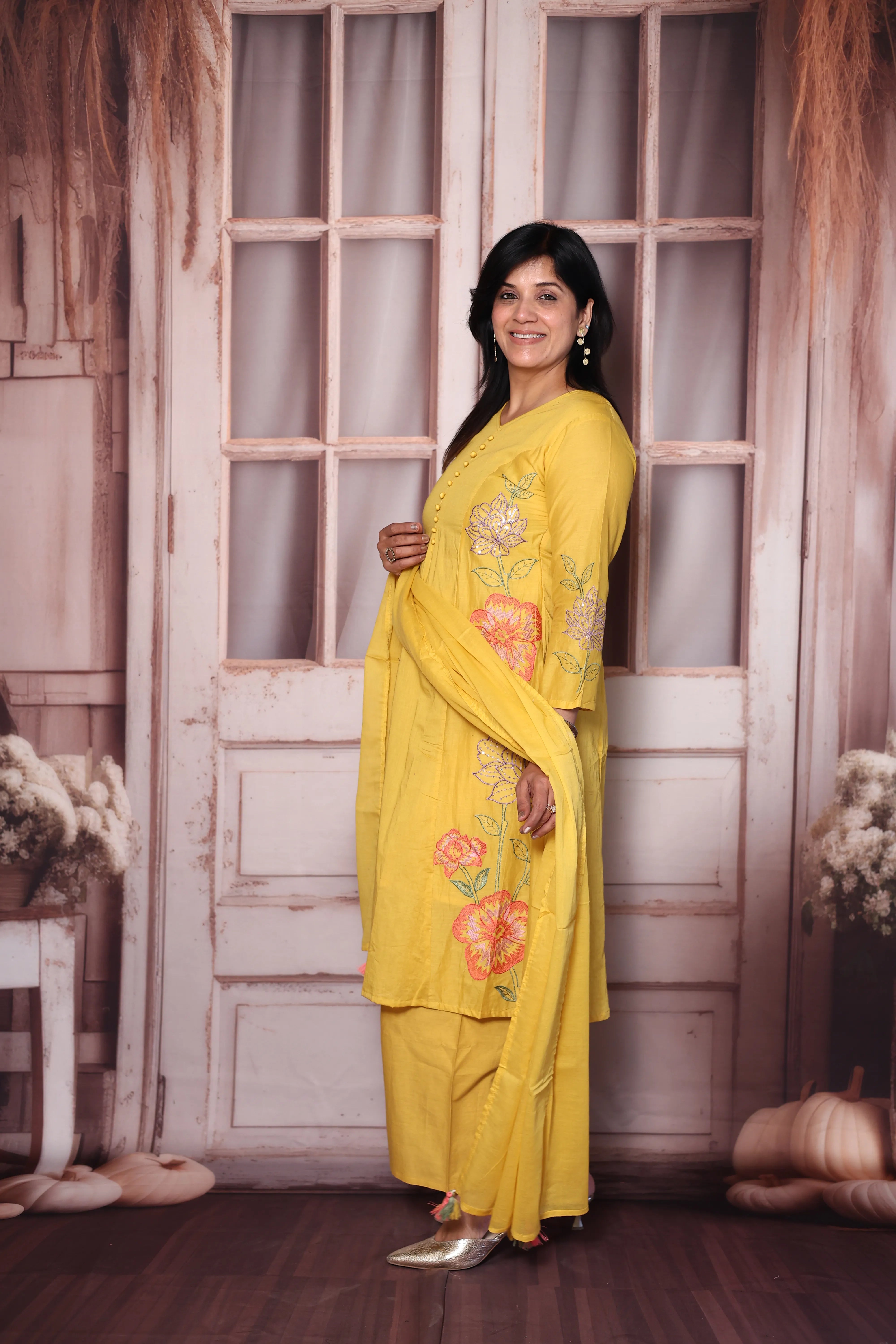 Sunflower yellow Floral Thread Embroidery Mul Cotton A-Line Palazzo Dupatta Set | Festive Wear