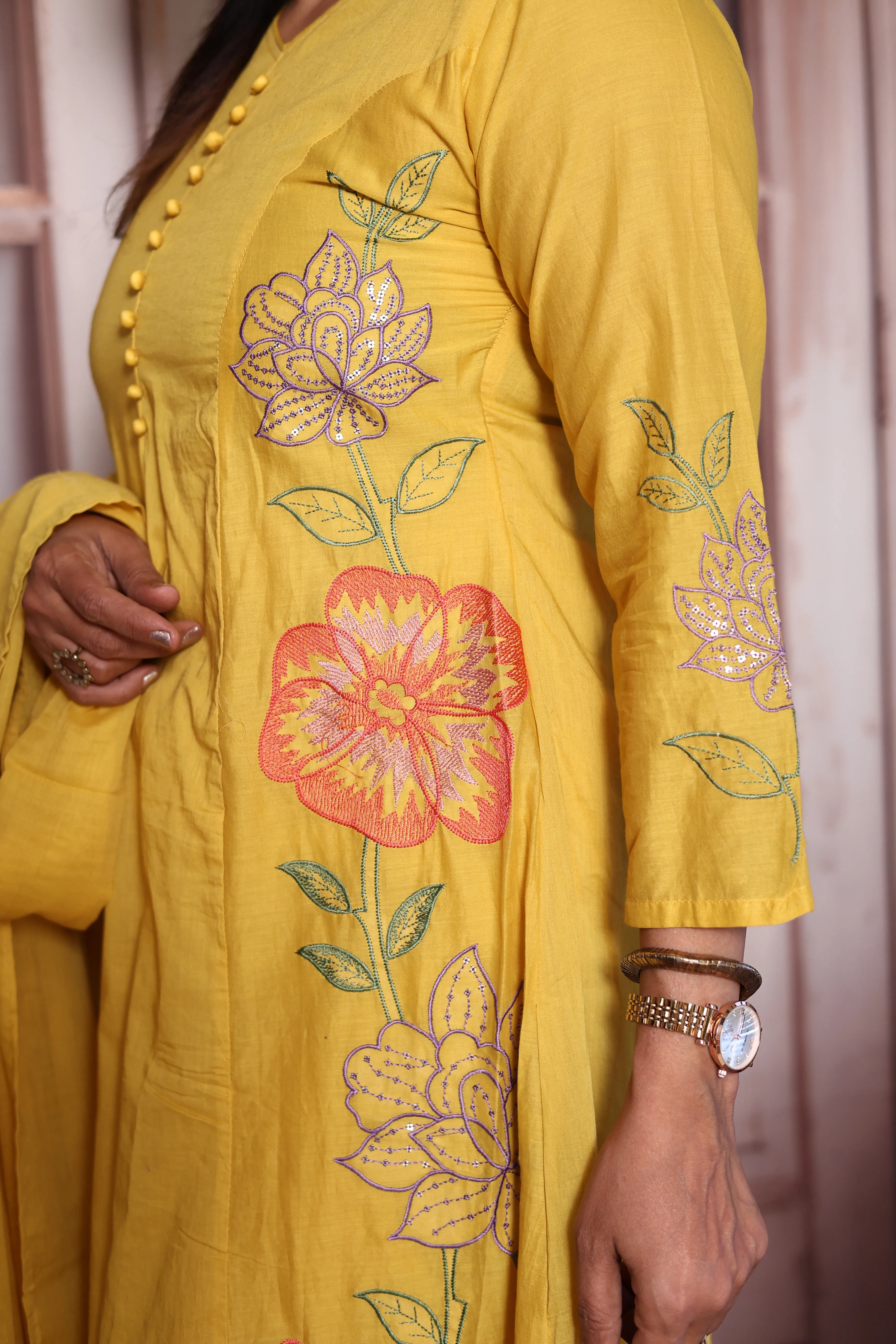 Sunflower yellow Floral Thread Embroidery Mul Cotton A-Line Palazzo Dupatta Set | Festive Wear