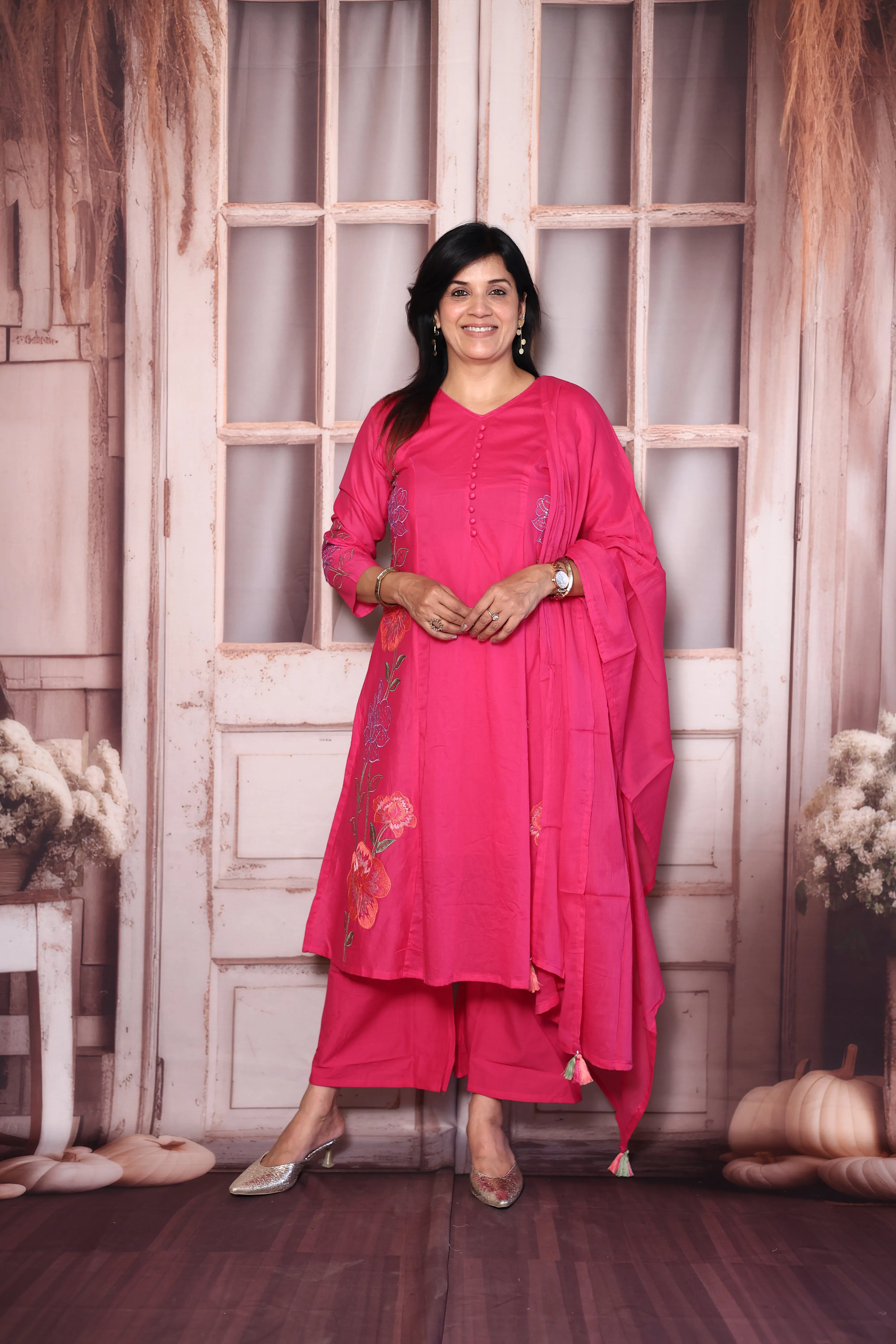 Barbie Pink Floral Thread Embroidery Mul Chanderi  A-Line Palazzo Dupatta Set | Festive Wear