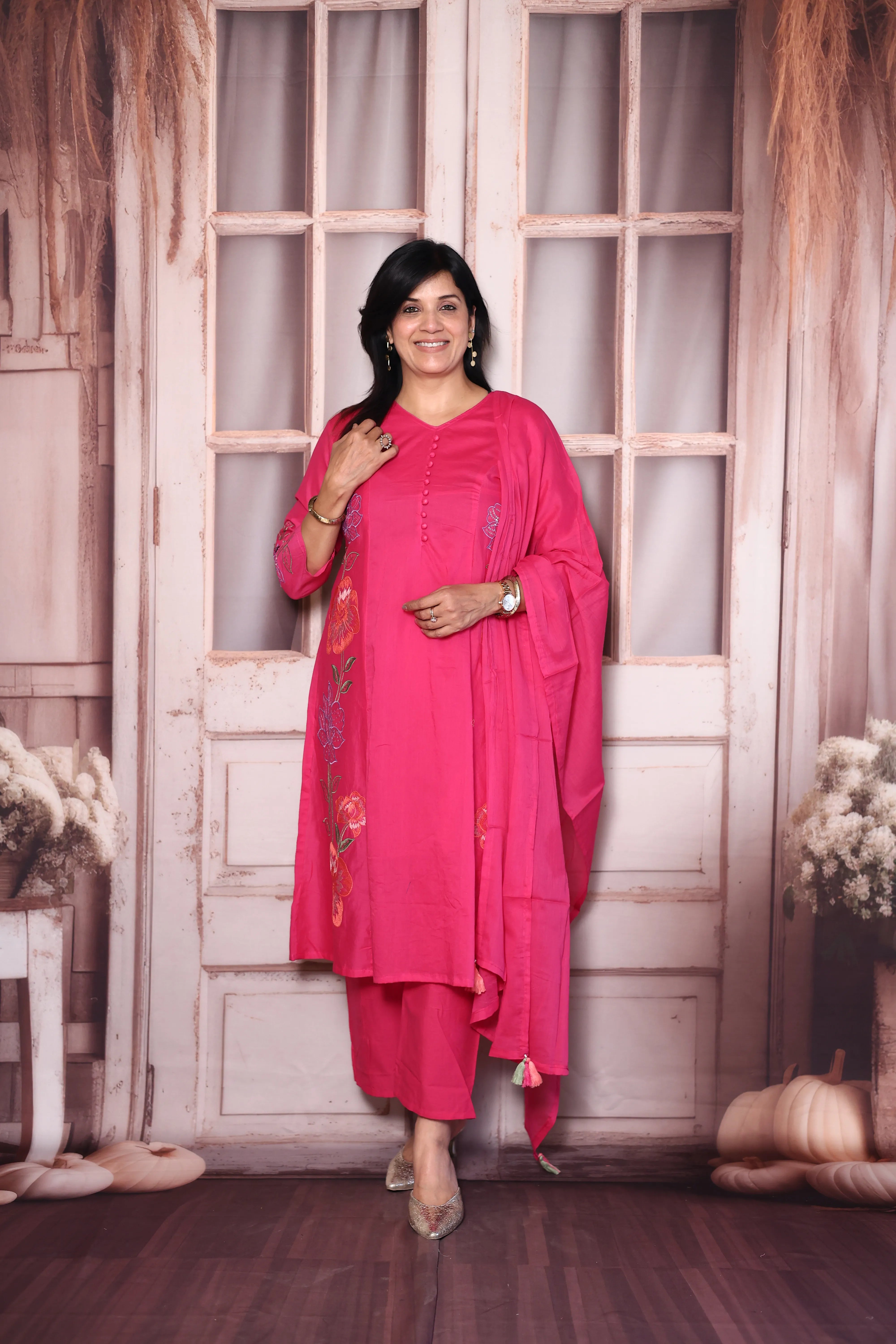 Barbie Pink Floral Thread Embroidery Mul Chanderi  A-Line Palazzo Dupatta Set | Festive Wear