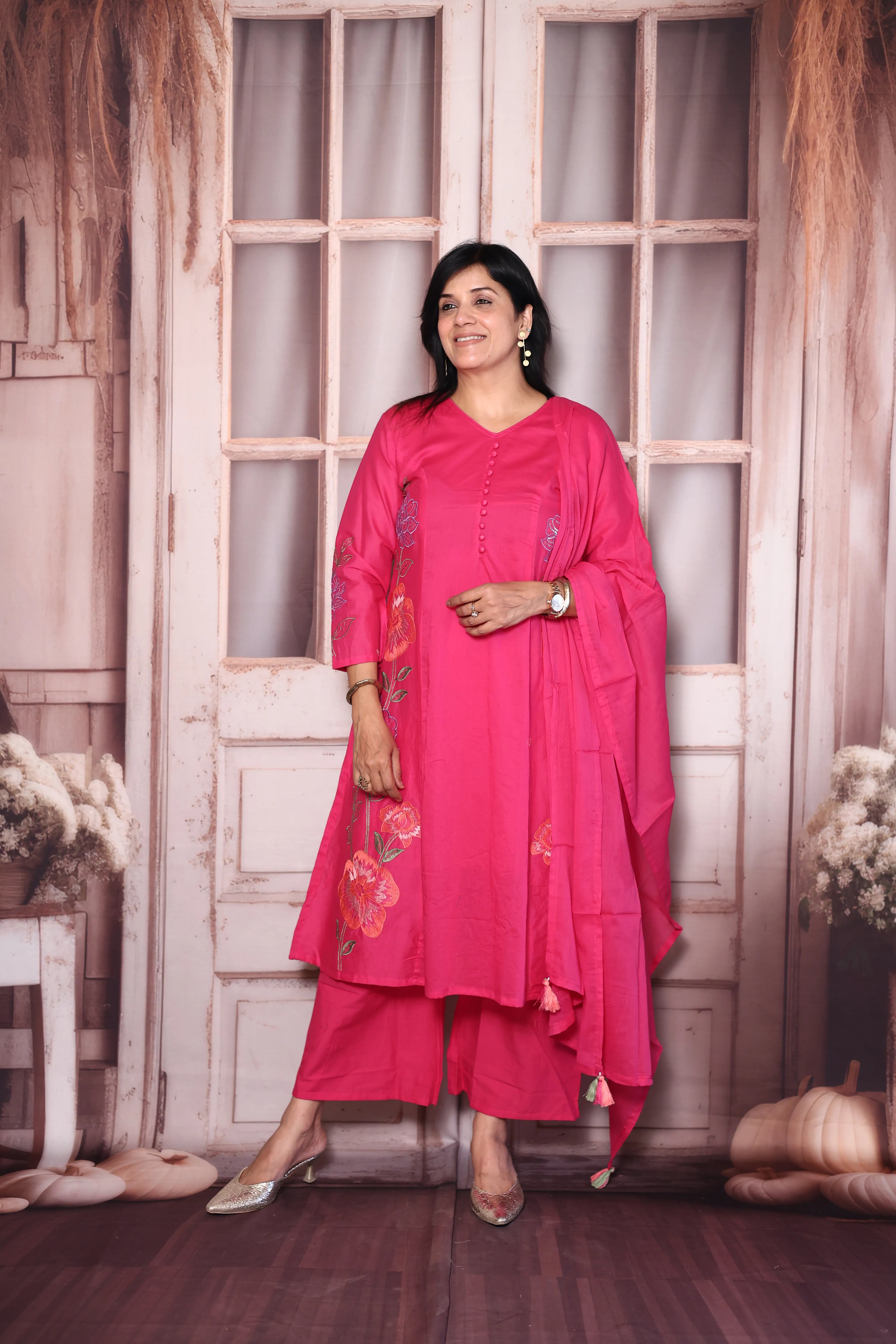 Barbie Pink Floral Thread Embroidery Mul Chanderi  A-Line Palazzo Dupatta Set | Festive Wear