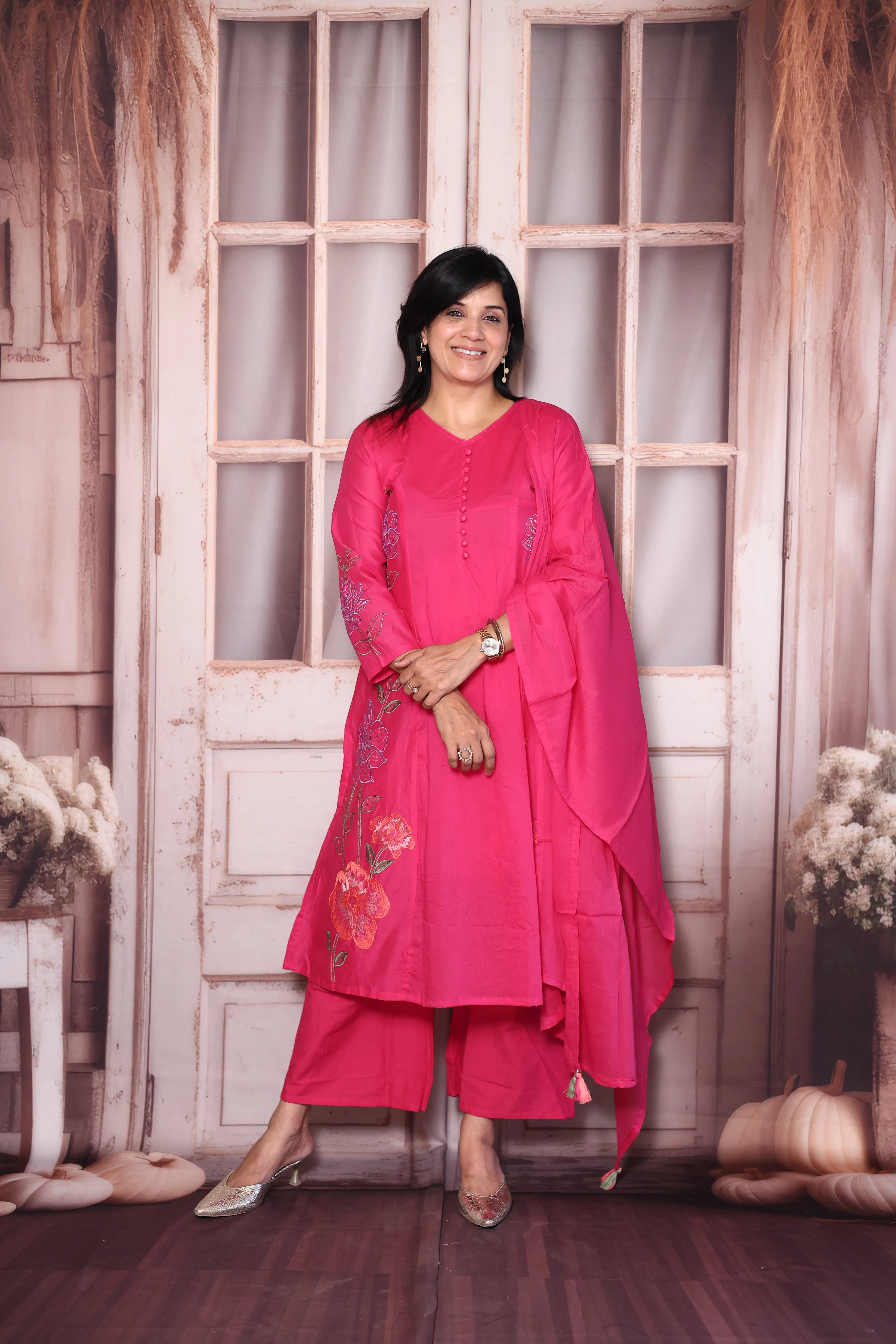 Barbie Pink Floral Thread Embroidery Mul Chanderi  A-Line Palazzo Dupatta Set | Festive Wear