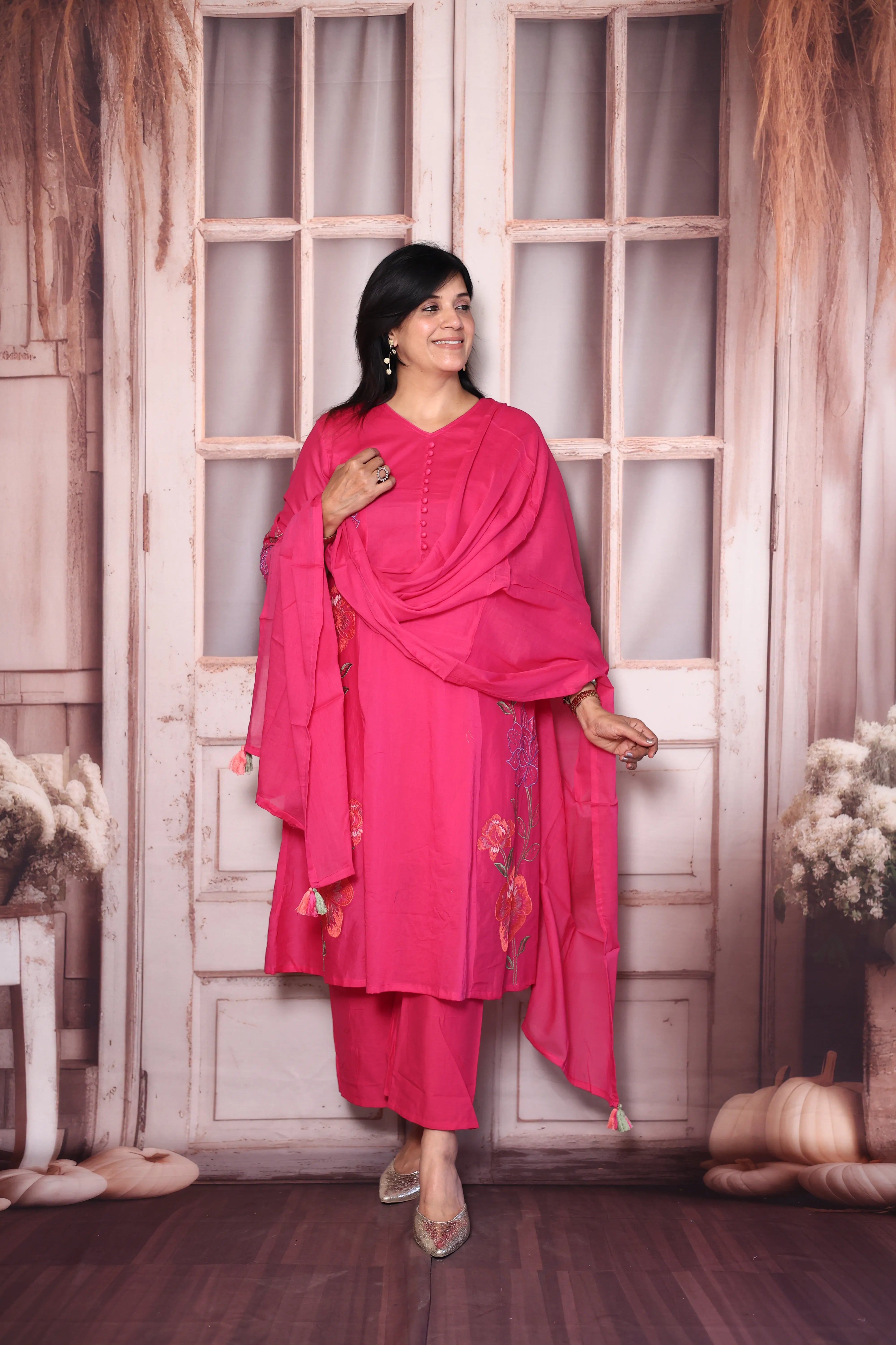 Barbie Pink Floral Thread Embroidery Mul Chanderi  A-Line Palazzo Dupatta Set | Festive Wear