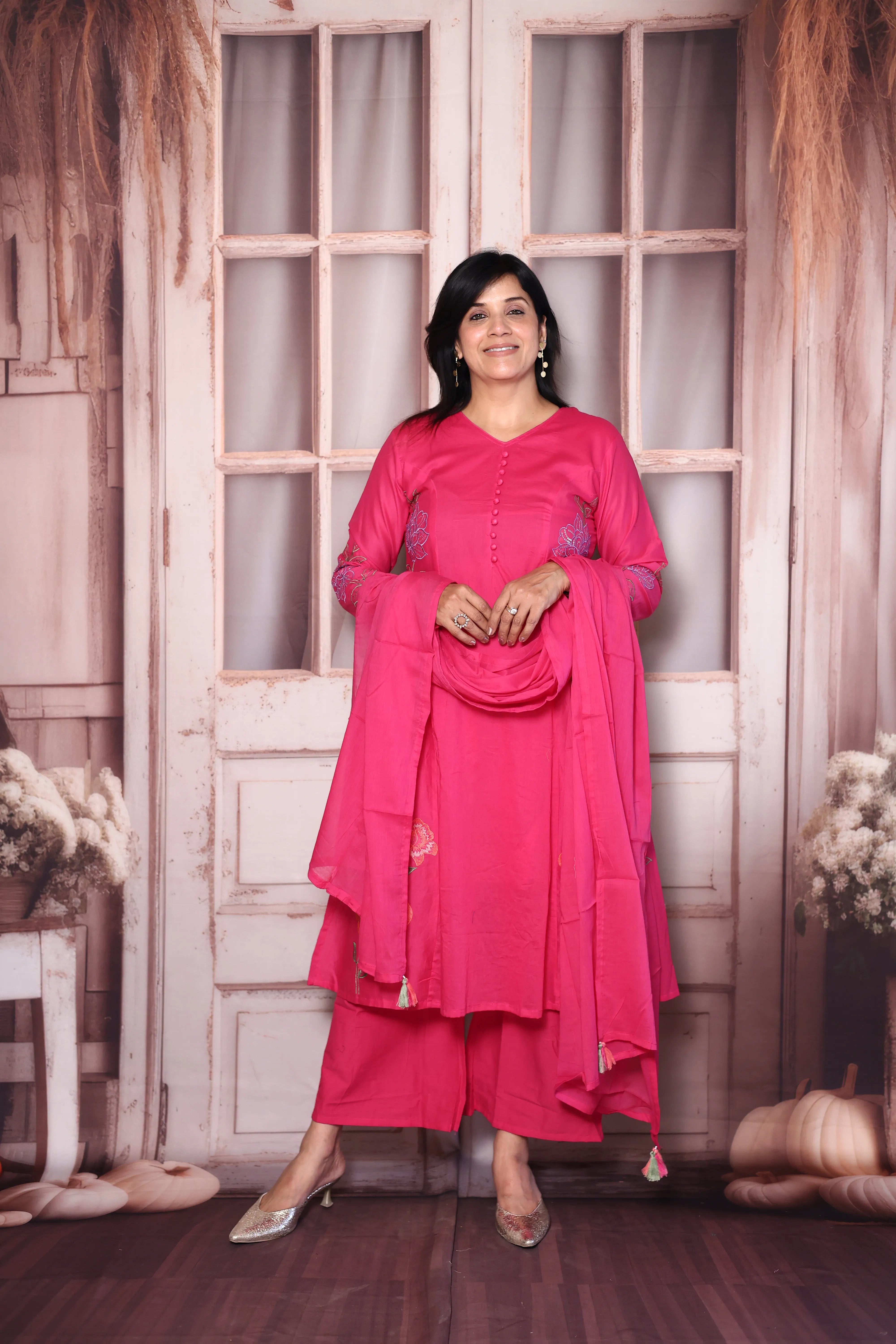 Barbie Pink Floral Thread Embroidery Mul Chanderi  A-Line Palazzo Dupatta Set | Festive Wear