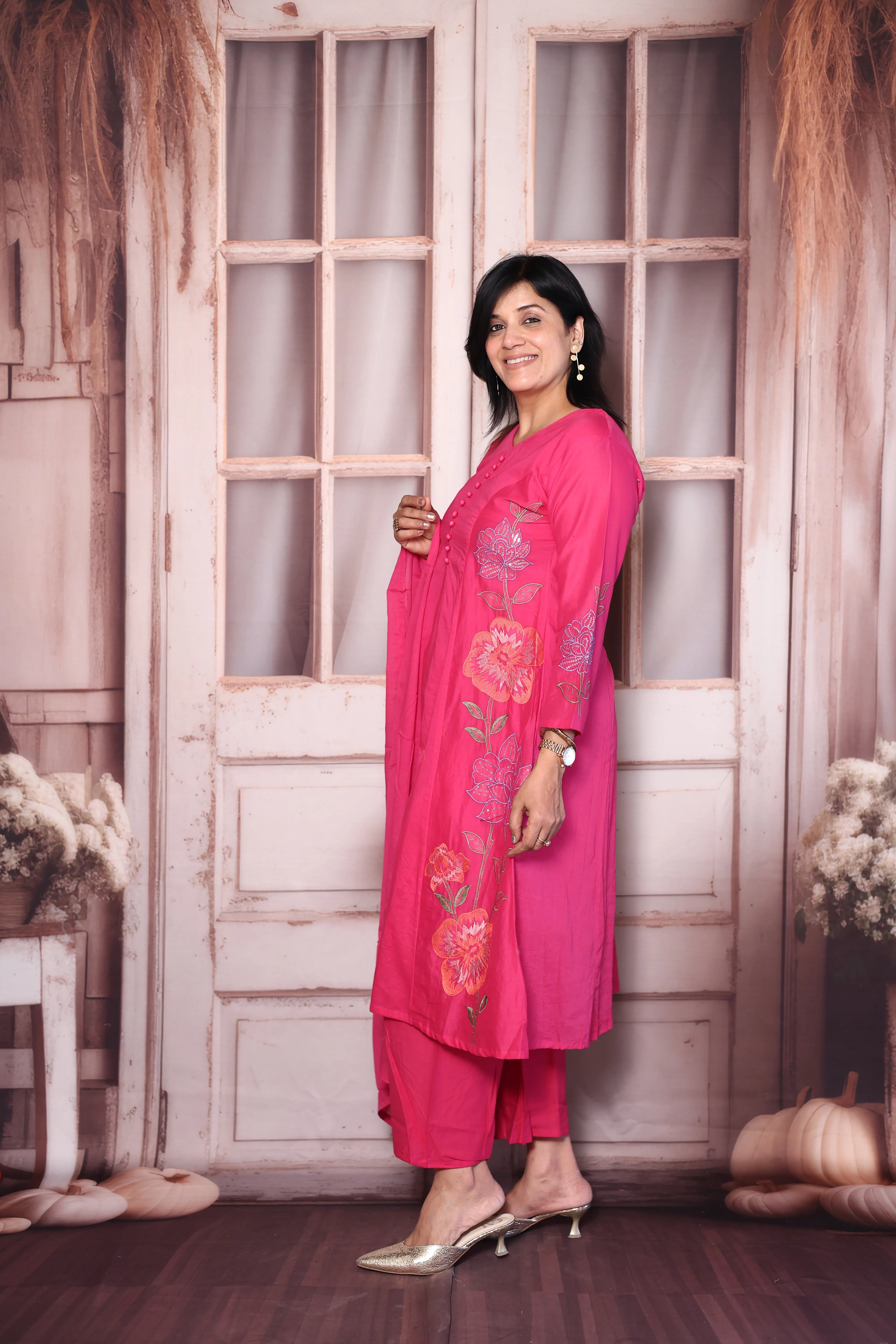 Barbie Pink Floral Thread Embroidery Mul Chanderi  A-Line Palazzo Dupatta Set | Festive Wear
