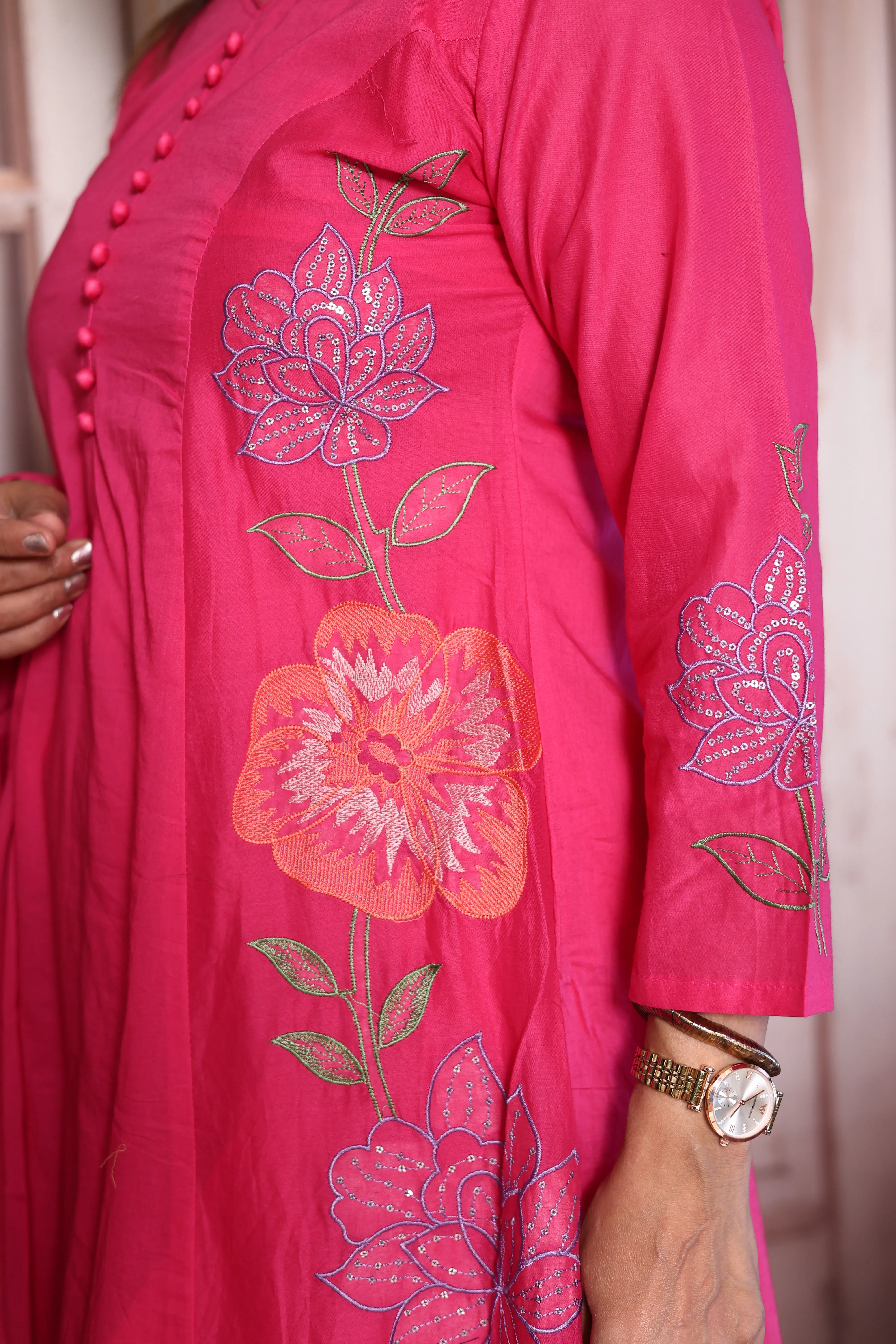Barbie Pink Floral Thread Embroidery Mul Chanderi  A-Line Palazzo Dupatta Set | Festive Wear