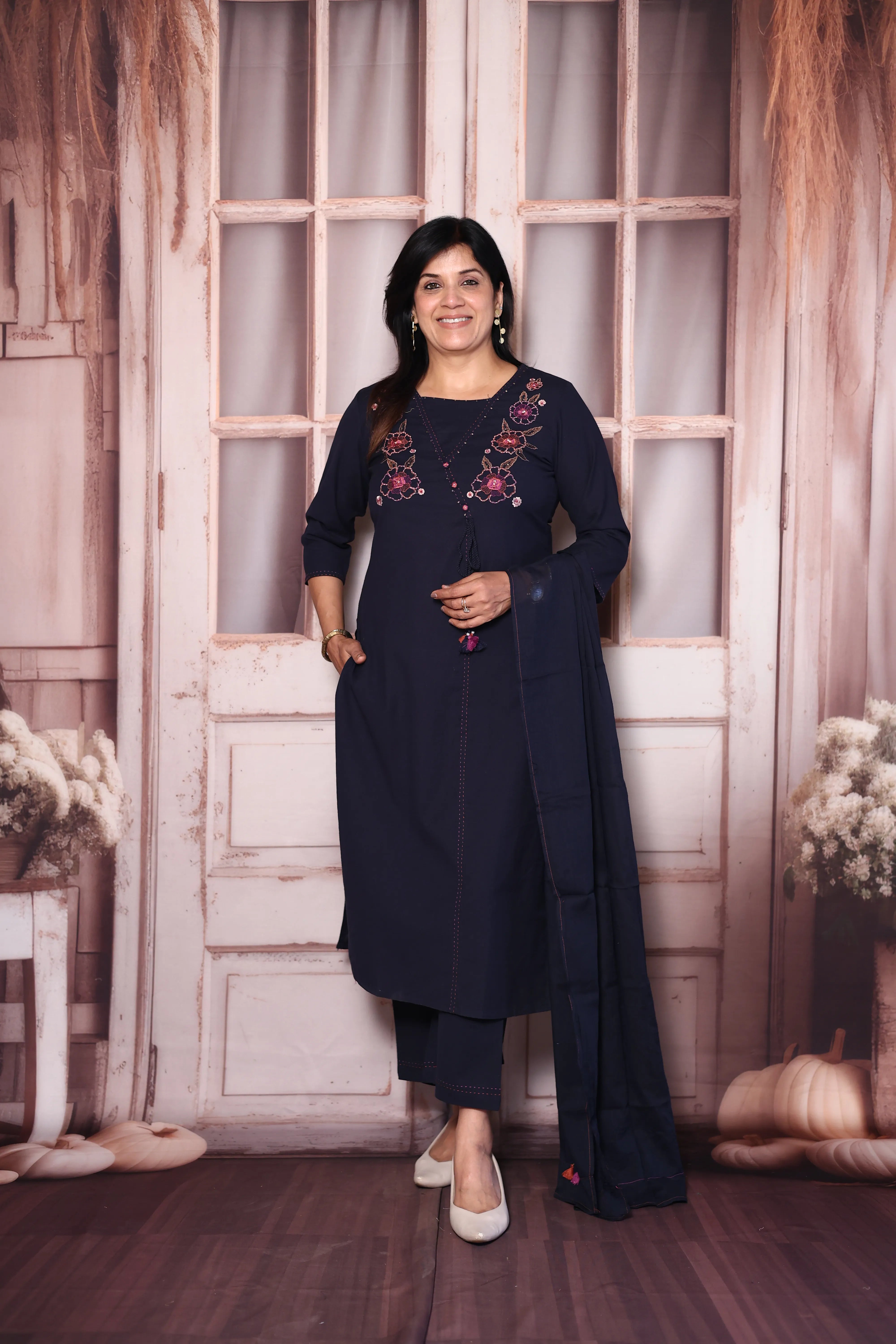 Deep Blue Yoke Floral Embroidered Cotton Dupatta Set with Sequins | Plus-Size Ethnic Wear