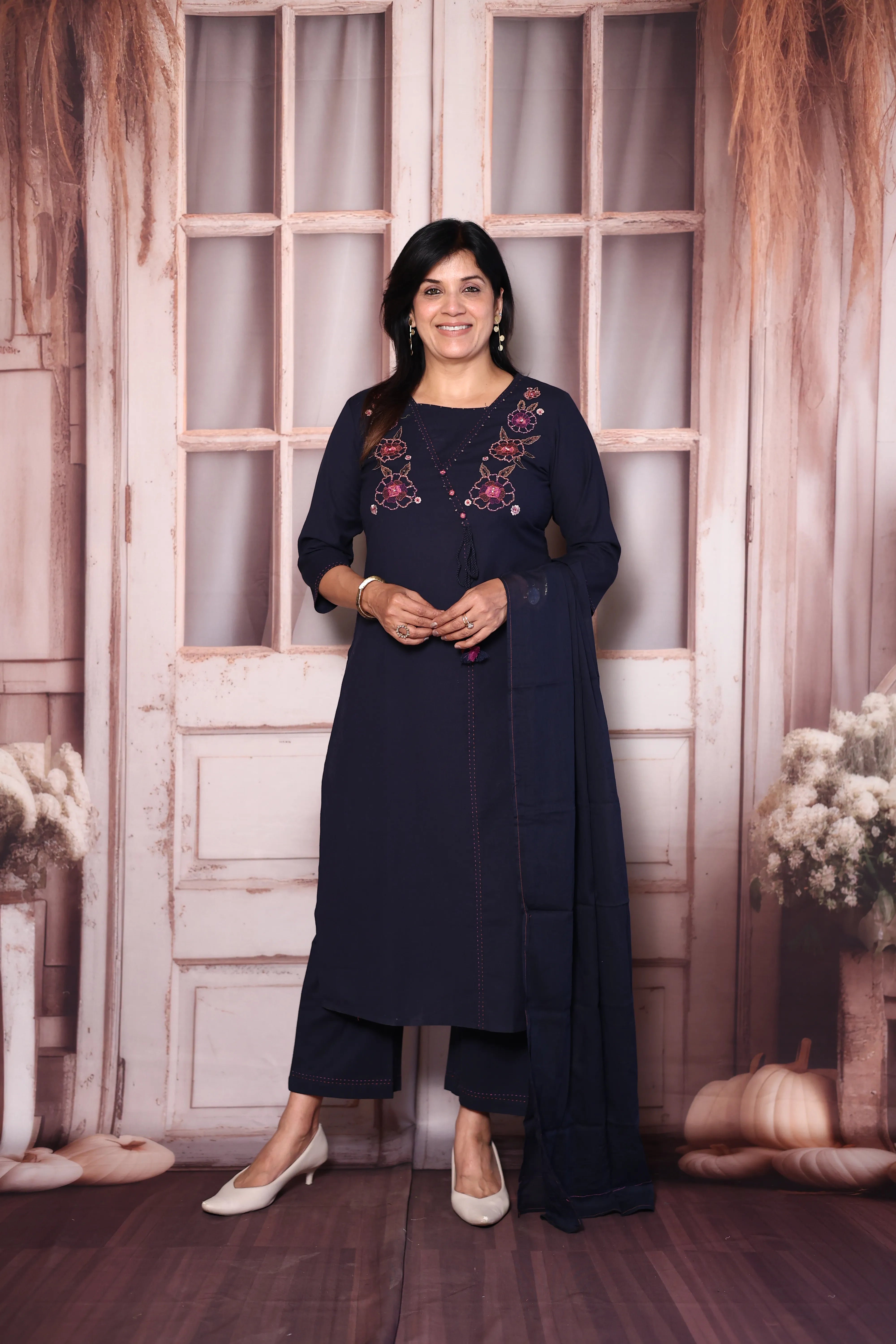 Deep Blue Yoke Floral Embroidered Cotton Dupatta Set with Sequins | Plus-Size Ethnic Wear
