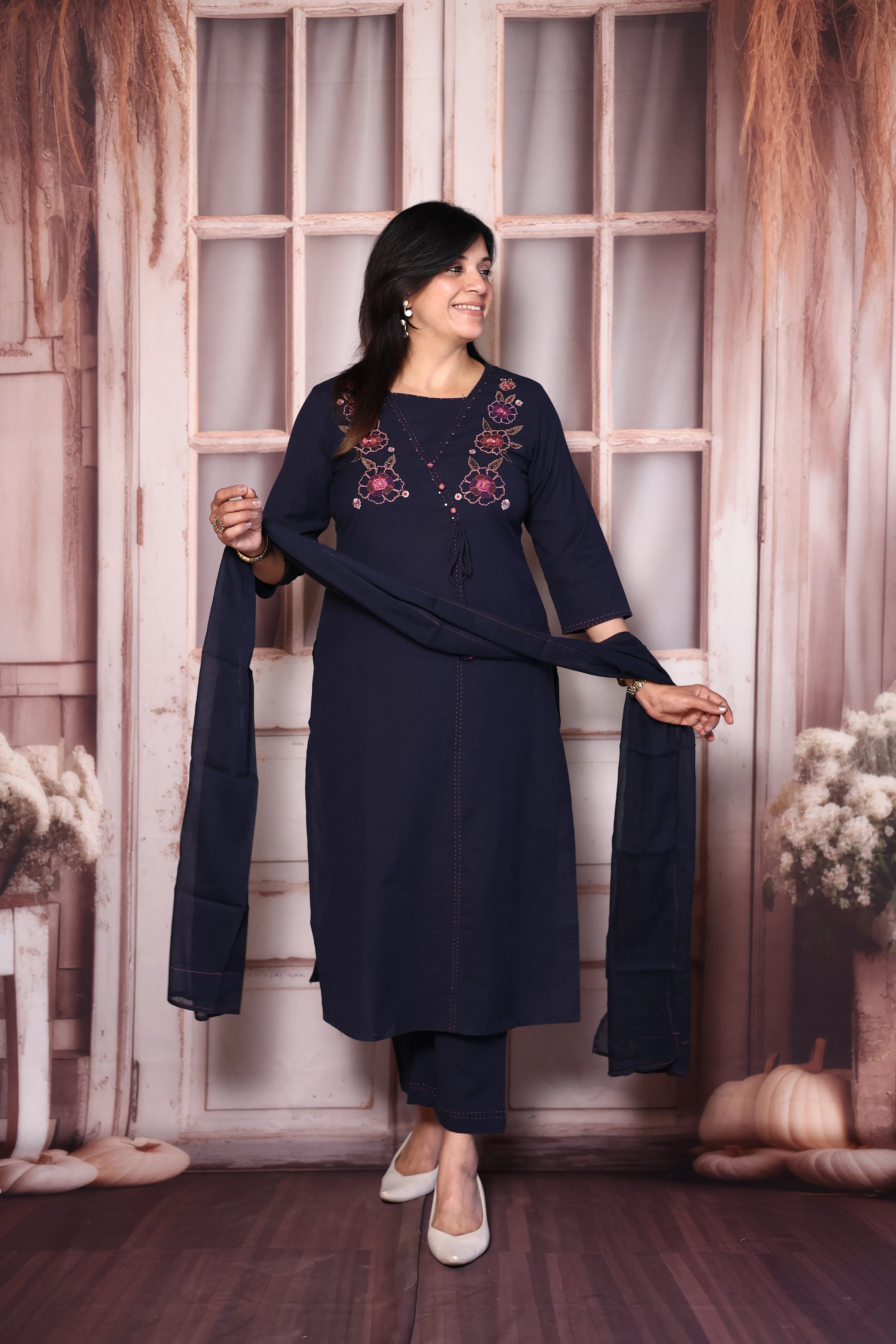 Deep Blue Yoke Floral Embroidered Cotton Dupatta Set with Sequins | Plus-Size Ethnic Wear