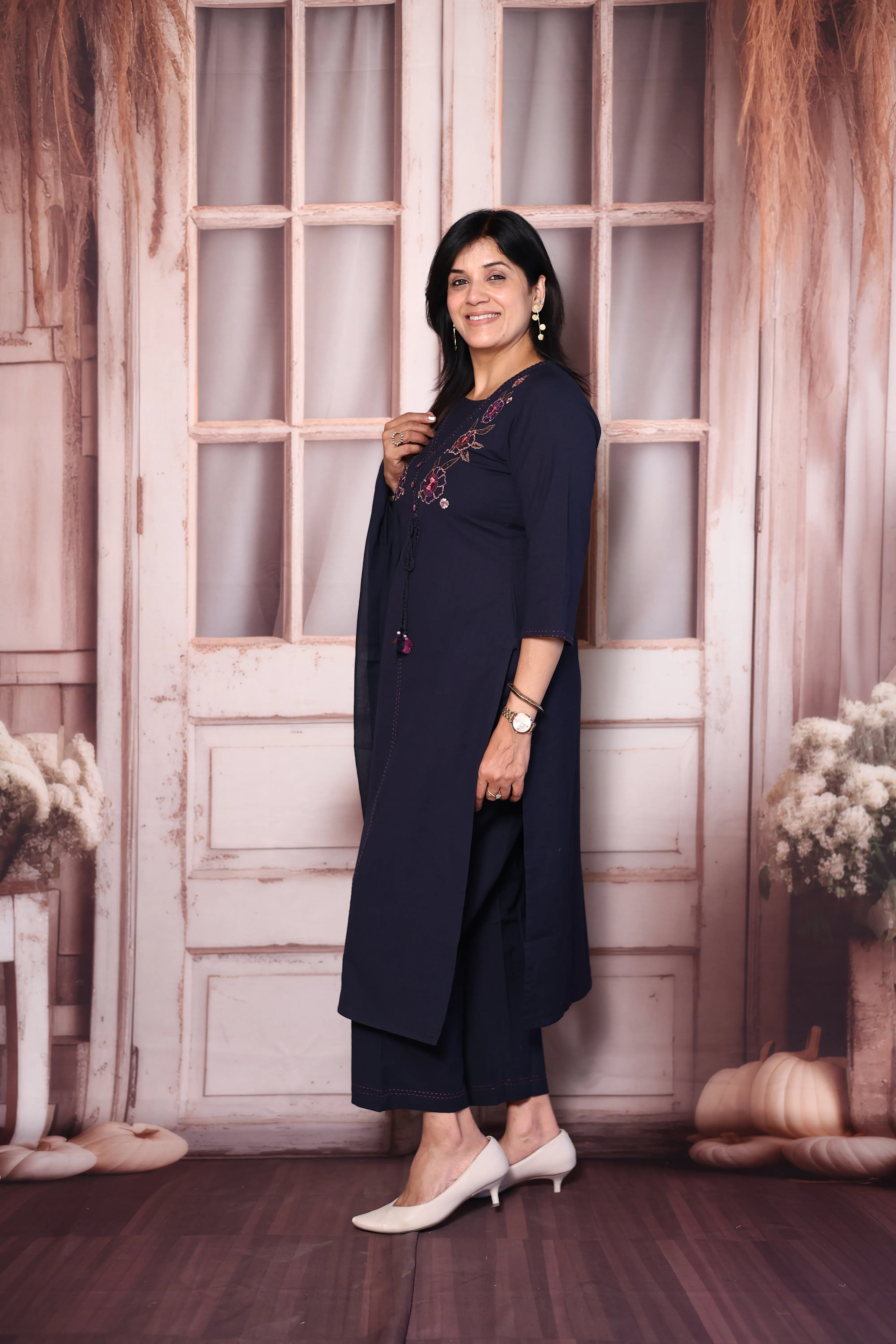 Deep Blue Yoke Floral Embroidered Cotton Dupatta Set with Sequins | Plus-Size Ethnic Wear