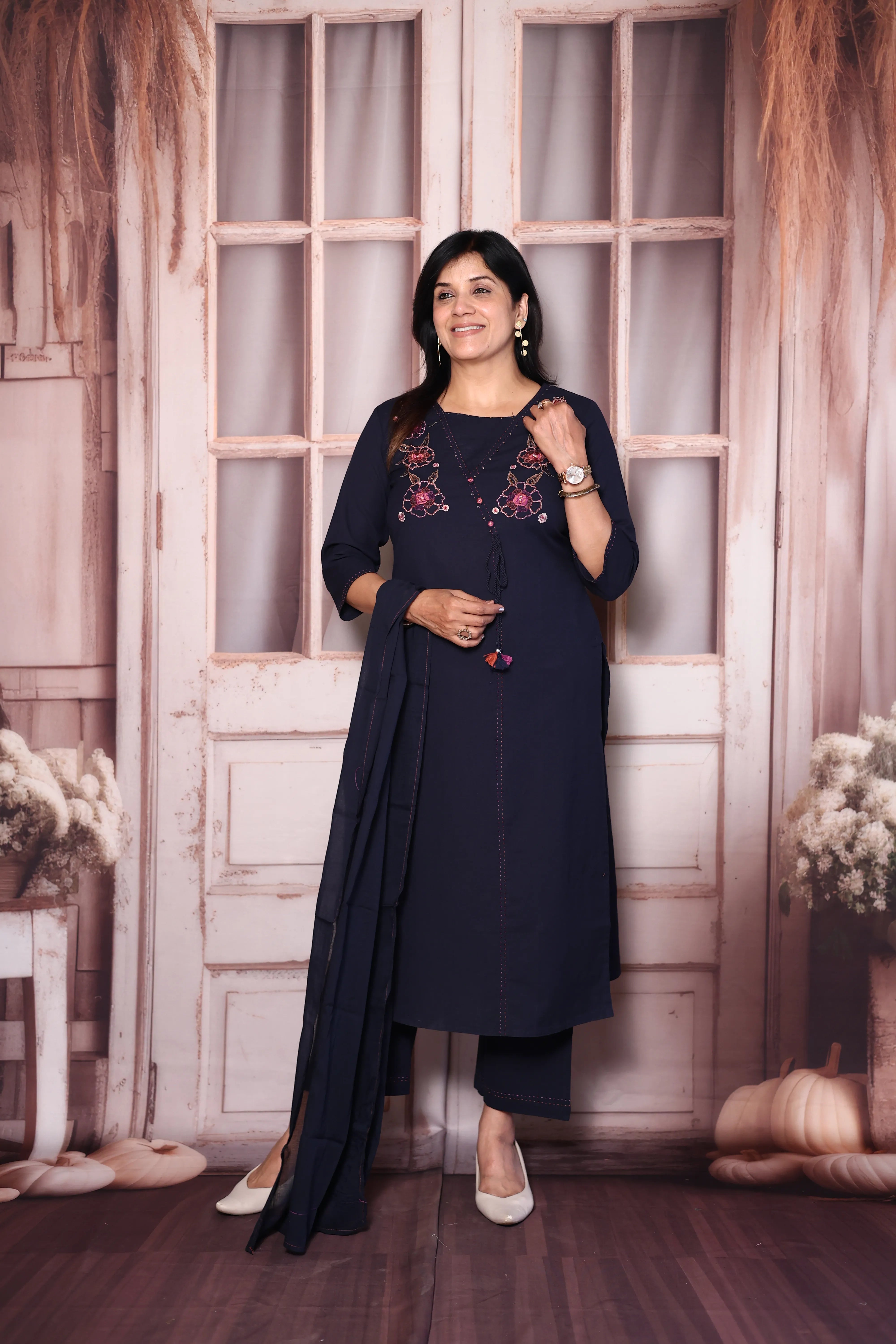 Deep Blue Yoke Floral Embroidered Cotton Dupatta Set with Sequins | Plus-Size Ethnic Wear